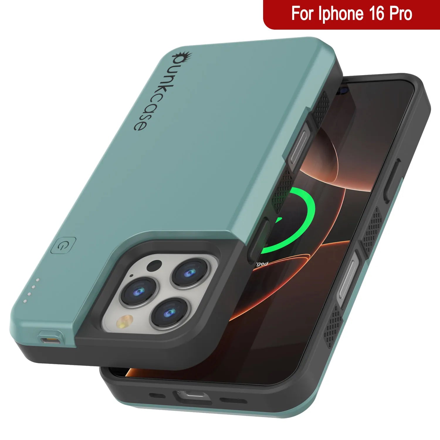 iPhone 16 Pro Battery Case, PunkJuice 5000mAH Fast Charging MagSafe Power Bank W/ Screen Protector | [Teal]