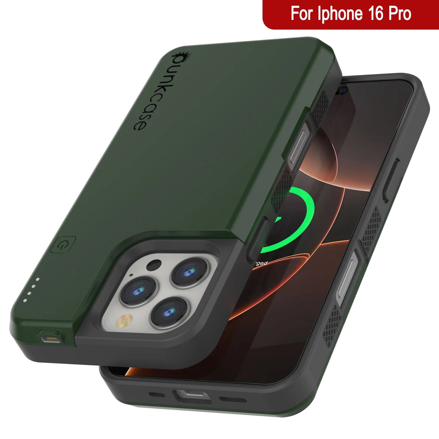 iPhone 16 Pro Battery Case, PunkJuice 5000mAH Fast Charging MagSafe Power Bank W/ Screen Protector | [Green]