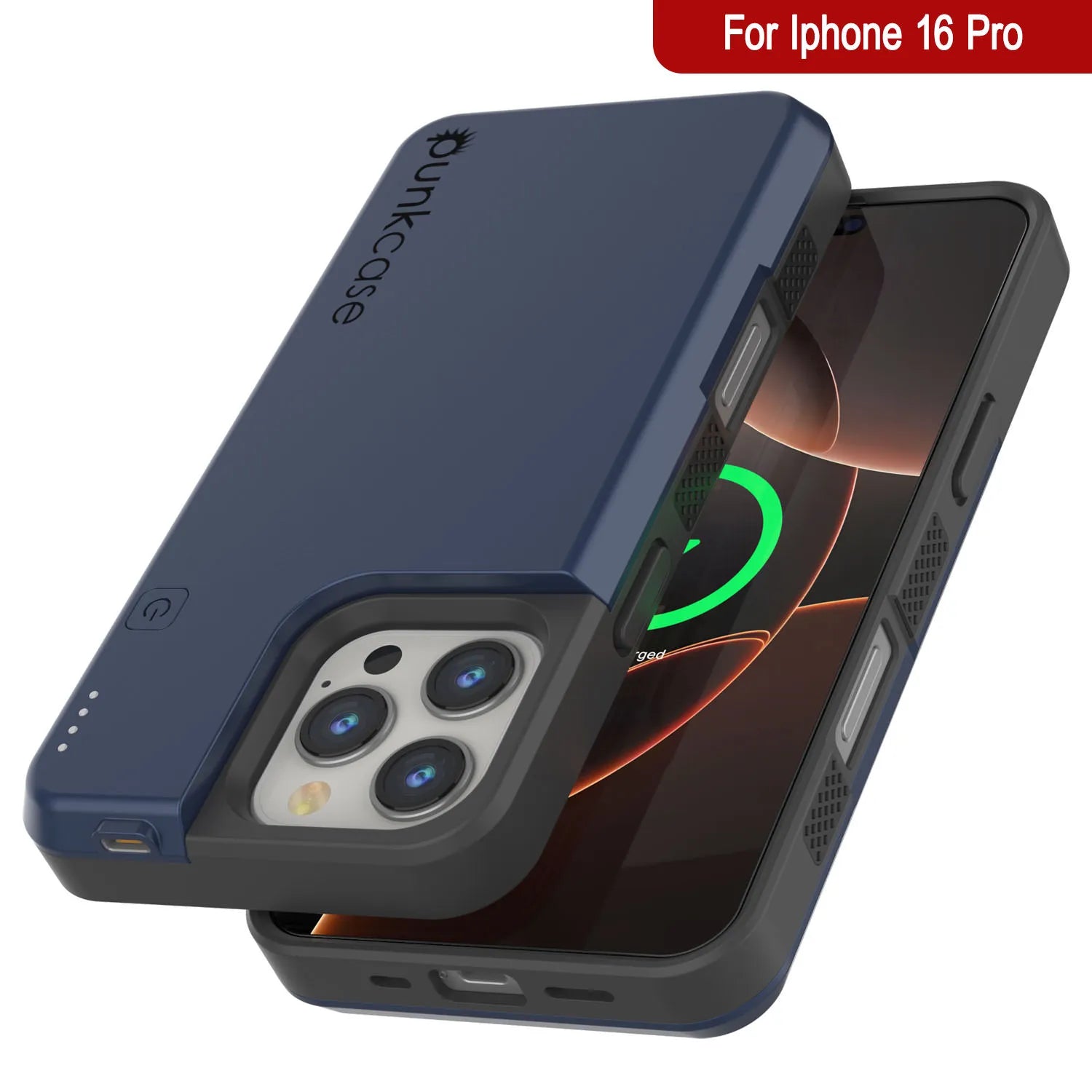 iPhone 16 Pro Battery Case, PunkJuice 5000mAH Fast Charging MagSafe Power Bank W/ Screen Protector | [Navy Blue]