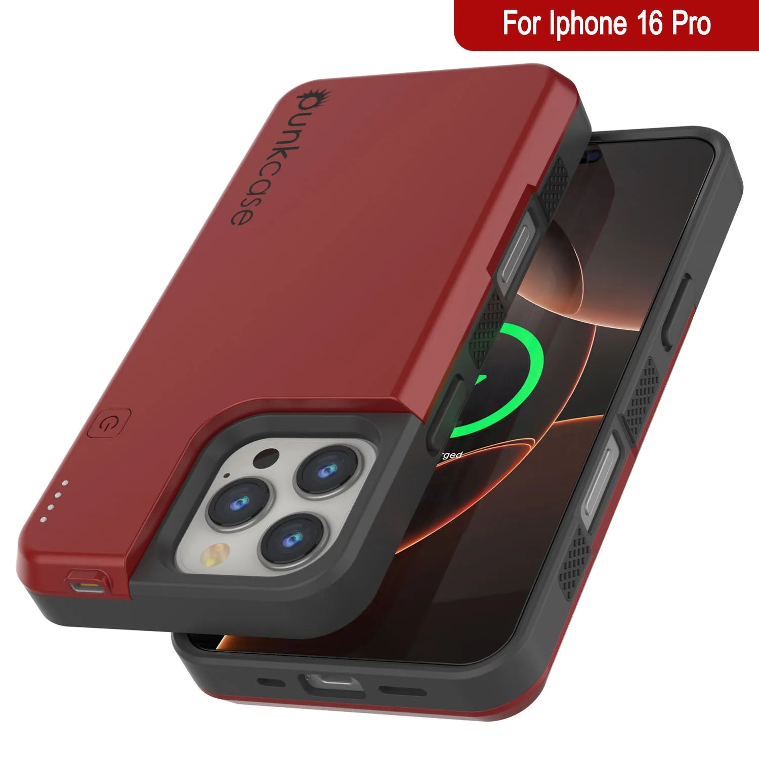 iPhone 16 Pro Battery Case, PunkJuice 5000mAH Fast Charging MagSafe Power Bank W/ Screen Protector | [Red]