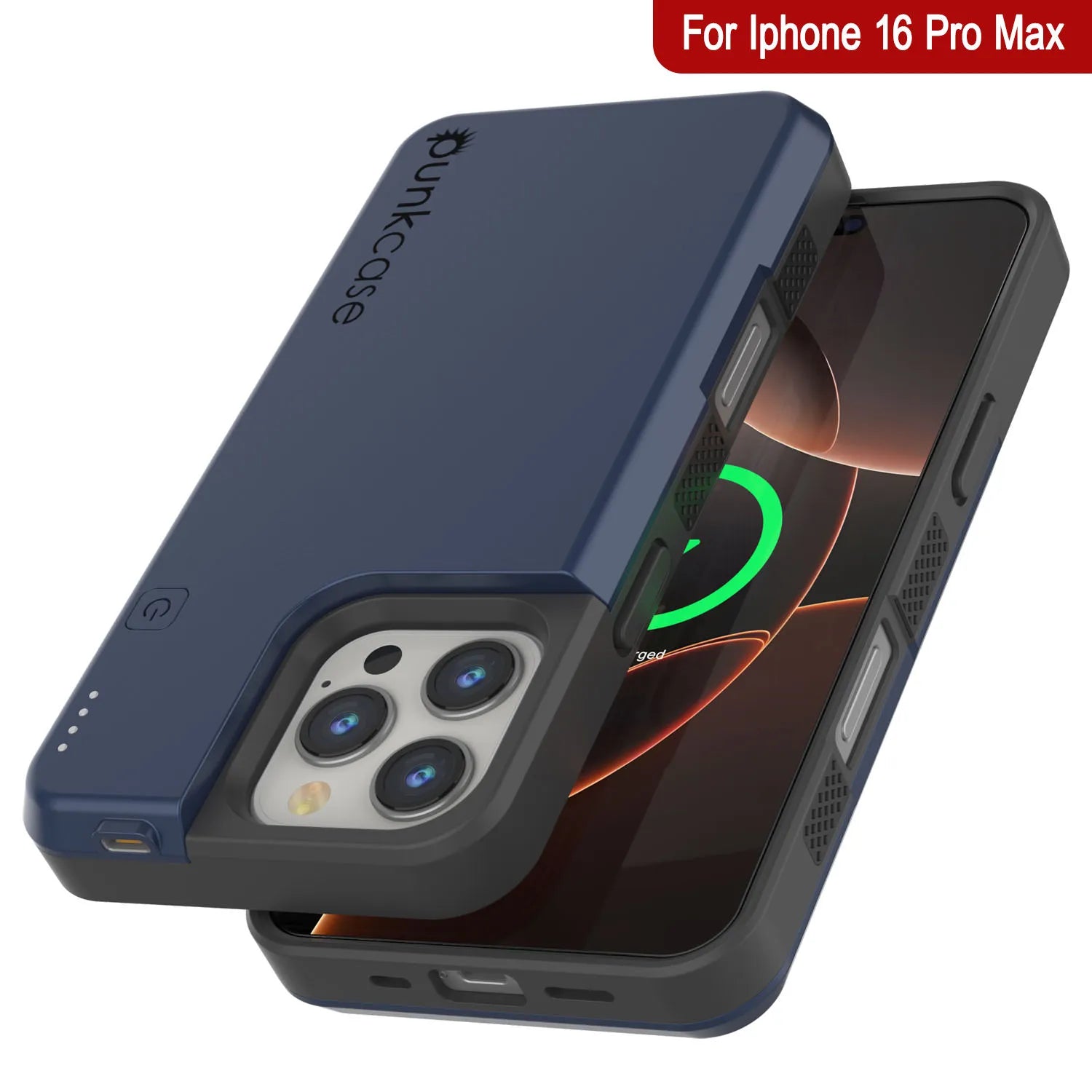 iPhone 16 Pro Max Battery Case, PunkJuice 8000mAH Fast Charging MagSafe Power Bank W/ Screen Protector | [Navy Blue]