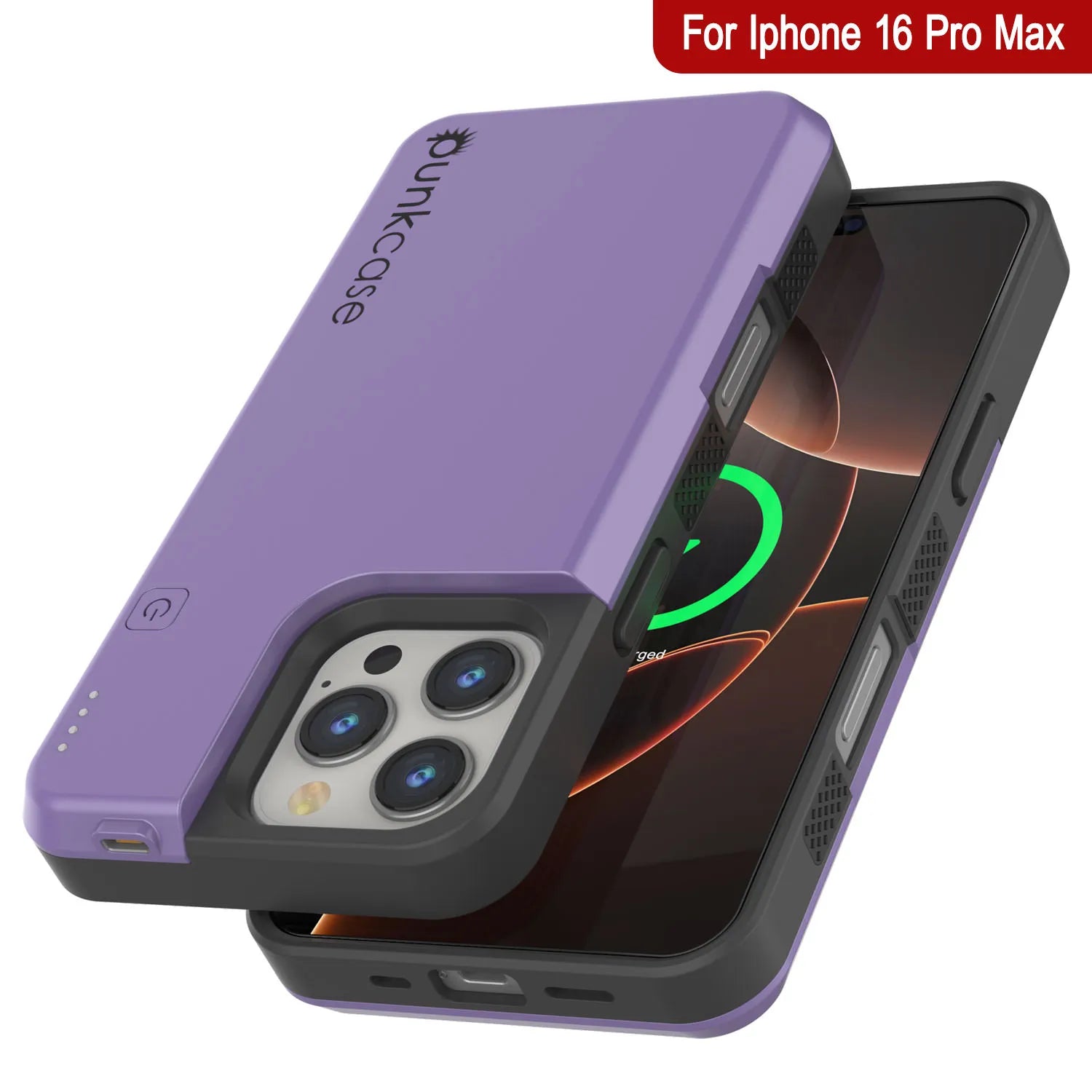 iPhone 16 Pro Max Battery Case, PunkJuice 8000mAH Fast Charging MagSafe Power Bank W/ Screen Protector | [Purple]