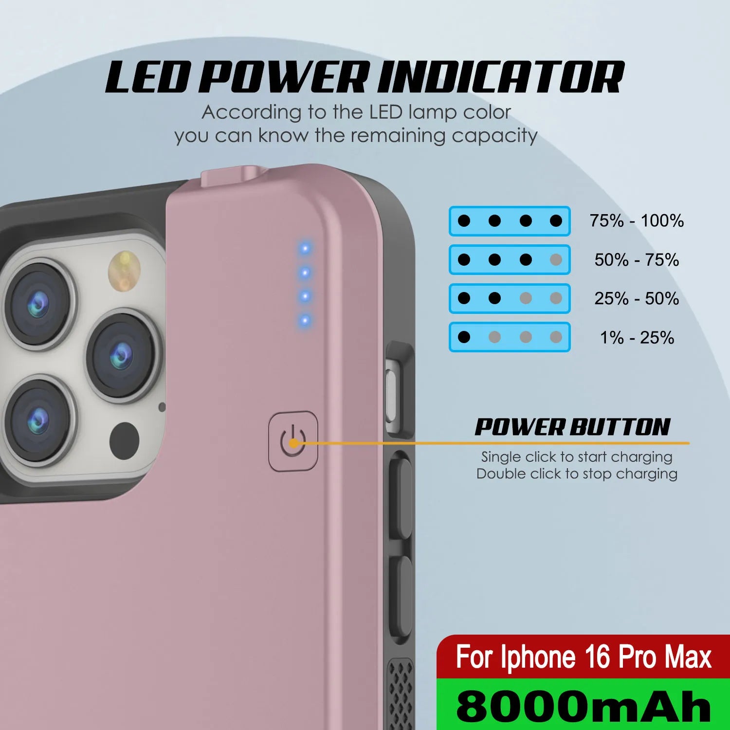 iPhone 16 Pro Max Battery Case, PunkJuice 8000mAH Fast Charging MagSafe Power Bank W/ Screen Protector | [Rose-Gold]