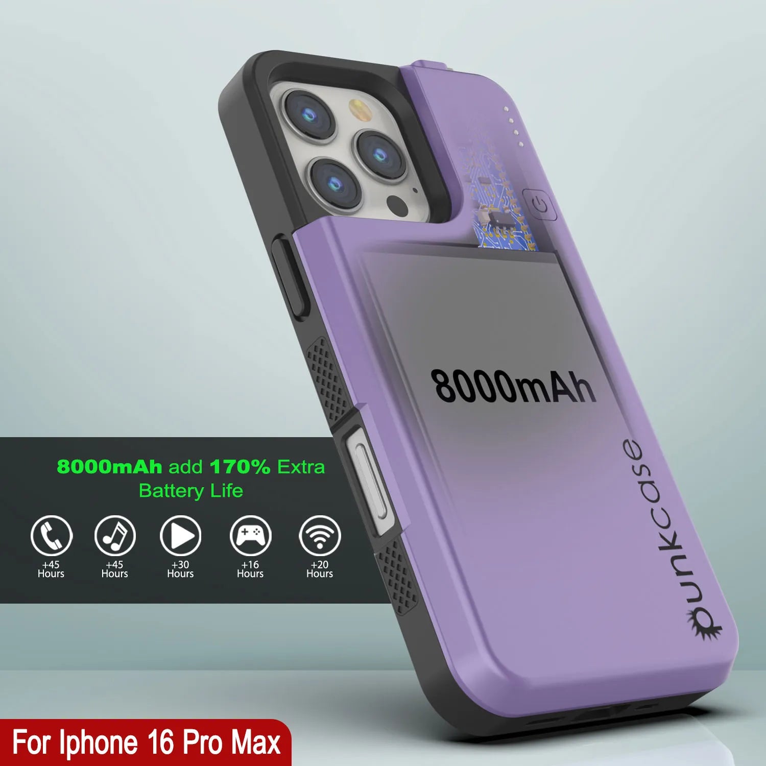 iPhone 16 Pro Max Battery Case, PunkJuice 8000mAH Fast Charging MagSafe Power Bank W/ Screen Protector | [Purple]