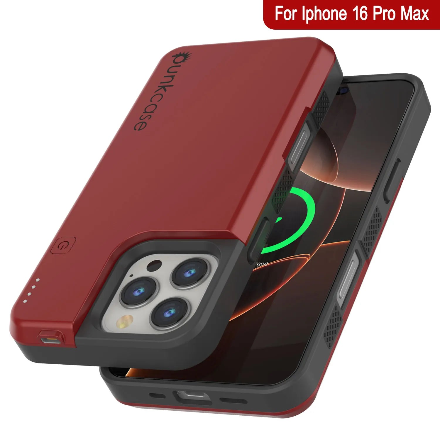 iPhone 16 Pro Max Battery Case, PunkJuice 8000mAH Fast Charging MagSafe Power Bank W/ Screen Protector | [Red]