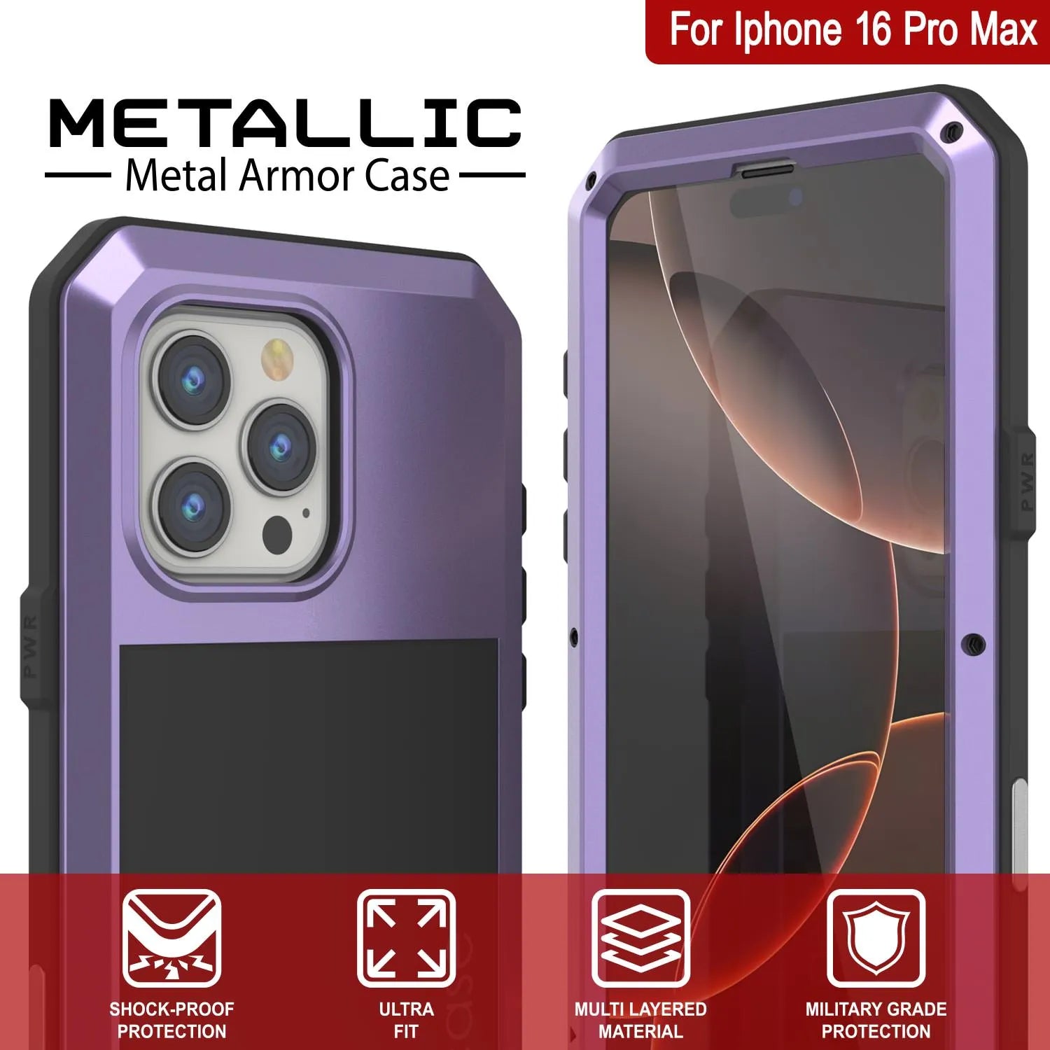 iPhone 16 Pro Max Metal Case, Heavy Duty Military Grade Armor Cover [shock proof] Full Body Hard [Purple]