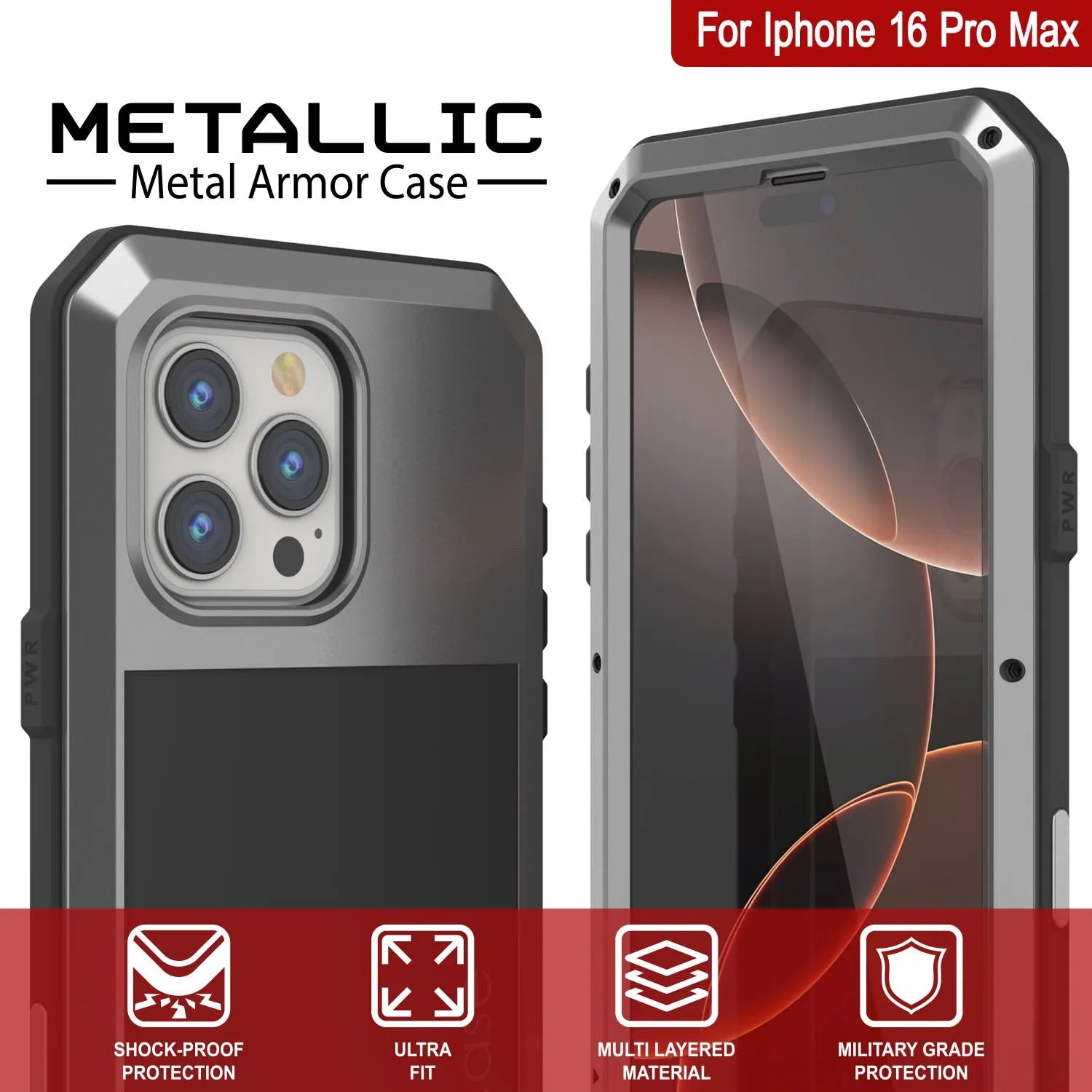 iPhone 16 Pro Max Metal Case, Heavy Duty Military Grade Armor Cover [shock proof] Full Body Hard [Silver]