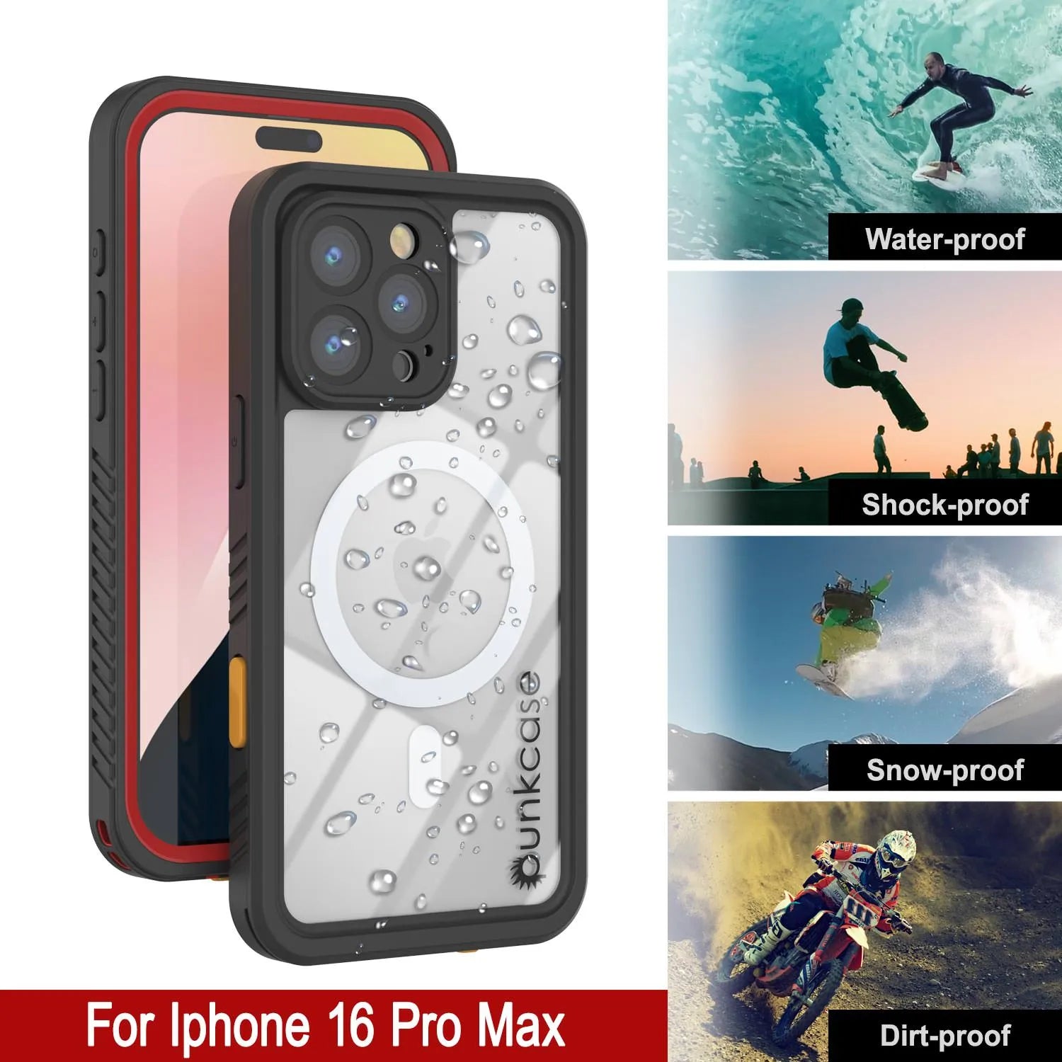 iPhone 16 Pro Max Waterproof Case, Punkcase [Extreme Mag Series] Armor Cover W/ Built In Screen Protector [Red]