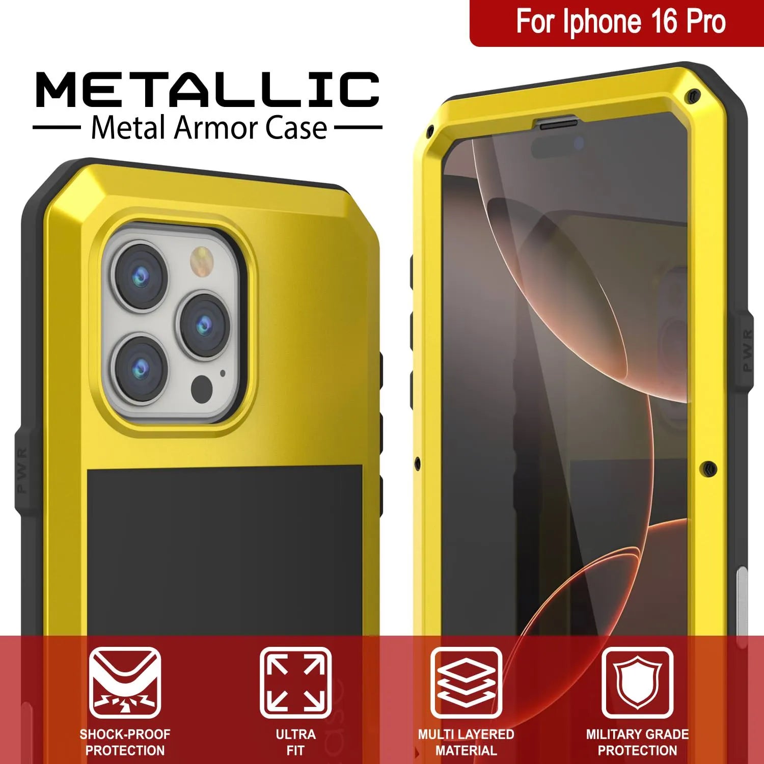 iPhone 16 Pro Metal Case, Heavy Duty Military Grade Armor Cover [shock proof] Full Body Hard [Yellow]