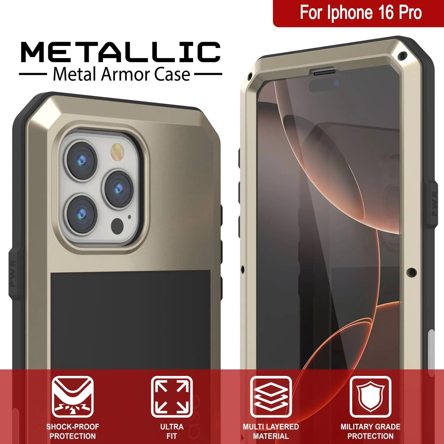 iPhone 16 Pro Metal Case, Heavy Duty Military Grade Armor Cover [shock proof] Full Body Hard [Gold]