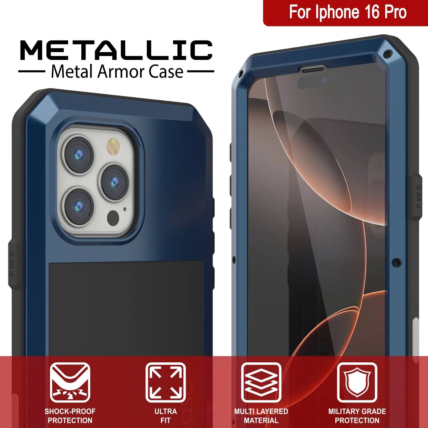 iPhone 16 Pro Metal Case, Heavy Duty Military Grade Armor Cover [shock proof] Full Body Hard [Blue]