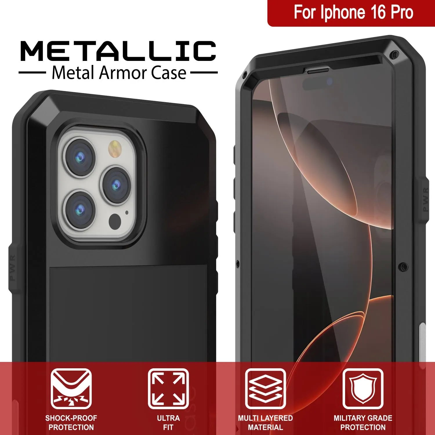 iPhone 16 Pro Metal Case, Heavy Duty Military Grade Armor Cover [shock proof] Full Body Hard [Black]