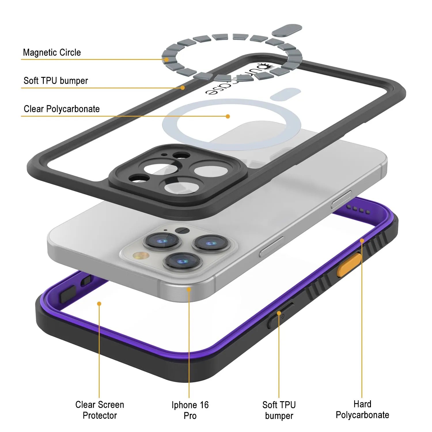 iPhone 16 Pro Waterproof Case, Punkcase [Extreme Mag Series] Armor Cover W/ Built In Screen Protector [Purple]