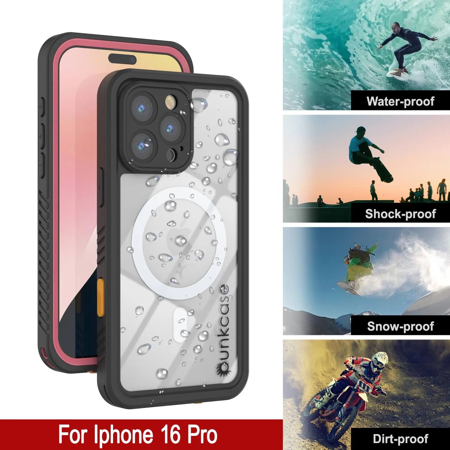 iPhone 16 Pro Waterproof Case, Punkcase [Extreme Mag Series] Armor Cover W/ Built In Screen Protector [Pink]