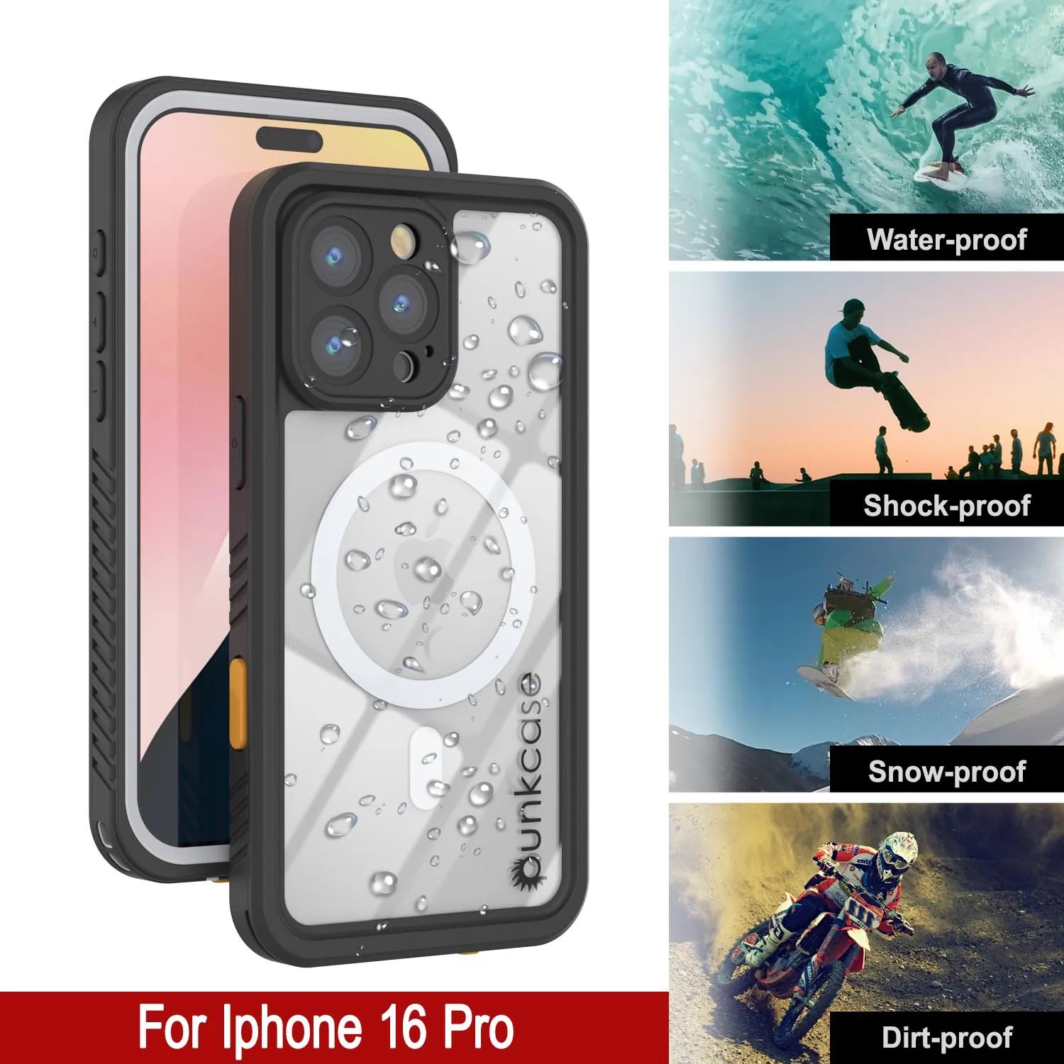 iPhone 16 Pro Waterproof Case, Punkcase [Extreme Mag Series] Armor Cover W/ Built In Screen Protector [White]