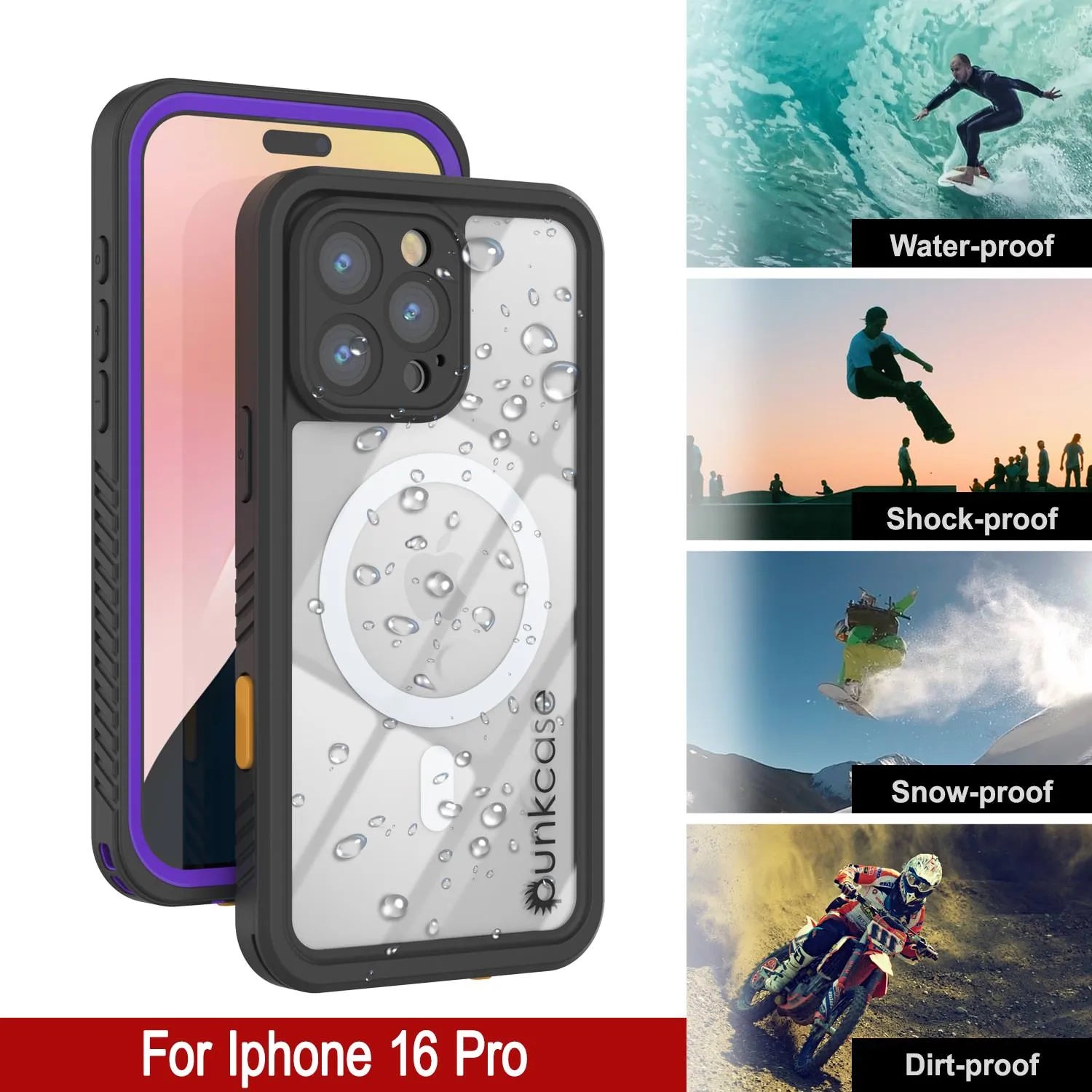 iPhone 16 Pro Waterproof Case, Punkcase [Extreme Mag Series] Armor Cover W/ Built In Screen Protector [Purple]