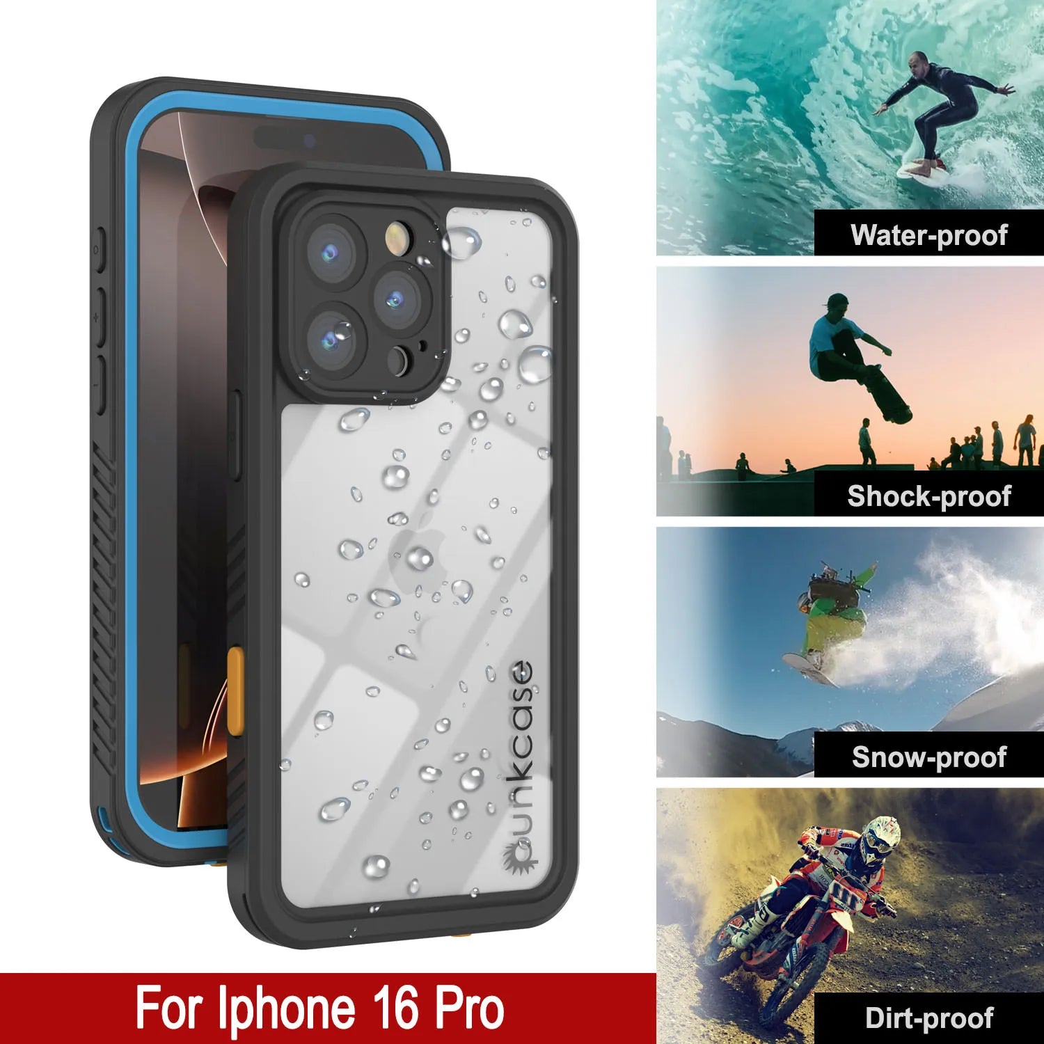 iPhone 16 Pro Waterproof Case, Punkcase [Extreme Series] Armor Cover W/ Built In Screen Protector [Light Blue]