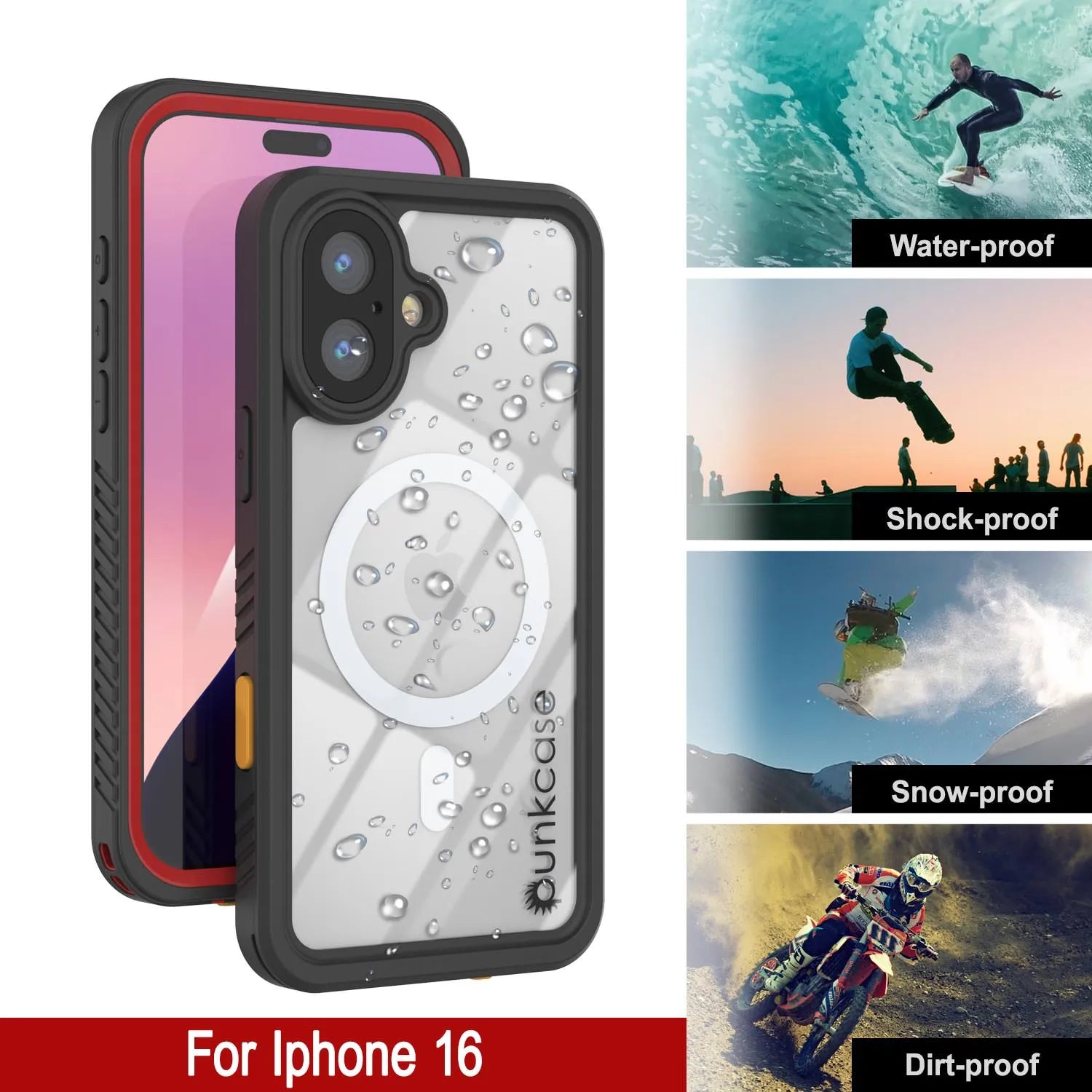 iPhone 16  Waterproof Case, Punkcase [Extreme Mag Series] Armor Cover W/ Built In Screen Protector [Red]