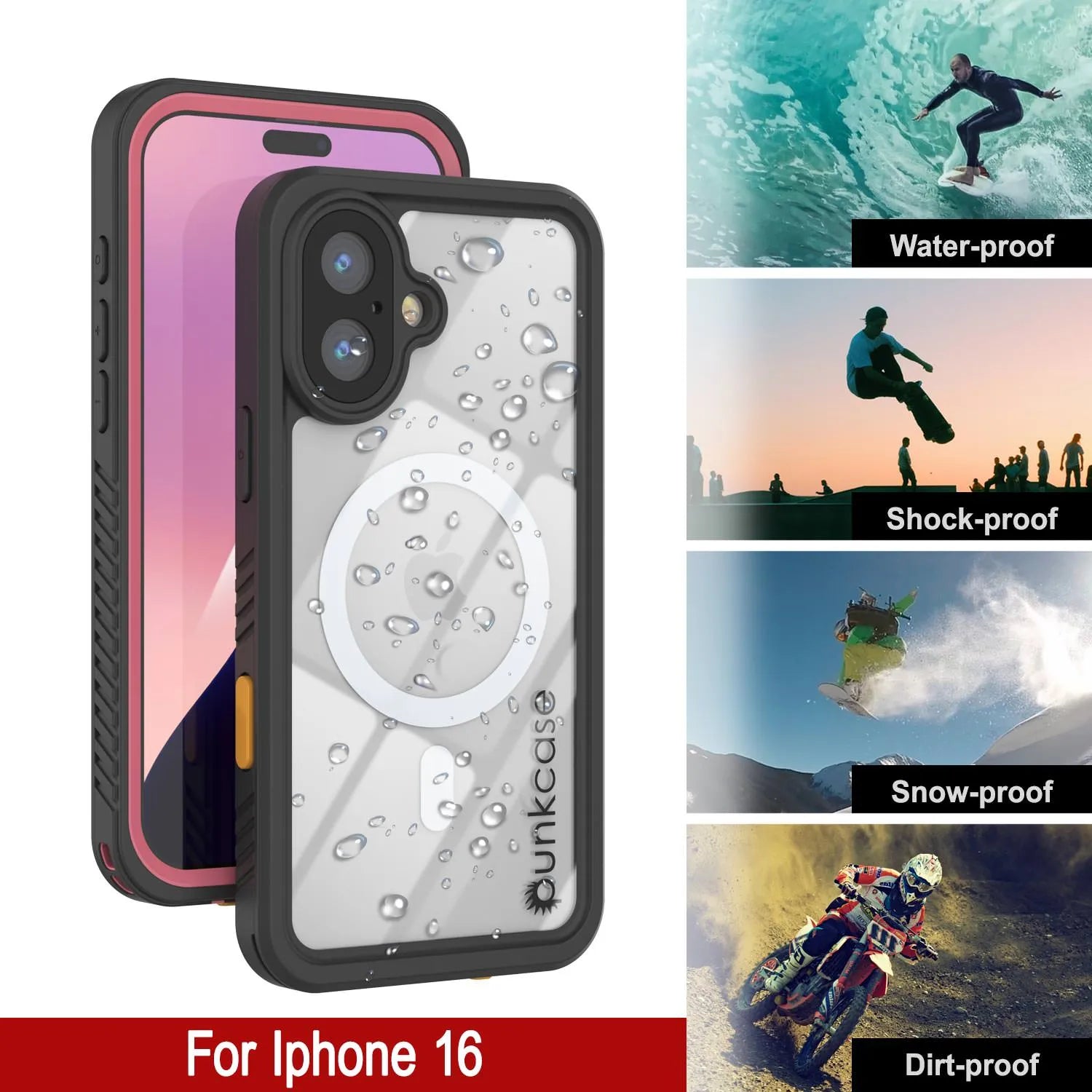 iPhone 16  Waterproof Case, Punkcase [Extreme Mag Series] Armor Cover W/ Built In Screen Protector [Pink]