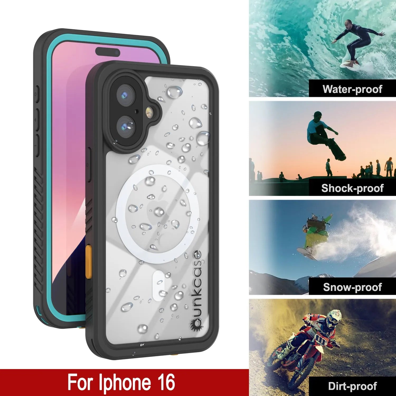 iPhone 16  Waterproof Case, Punkcase [Extreme Mag Series] Armor Cover W/ Built In Screen Protector [Teal]