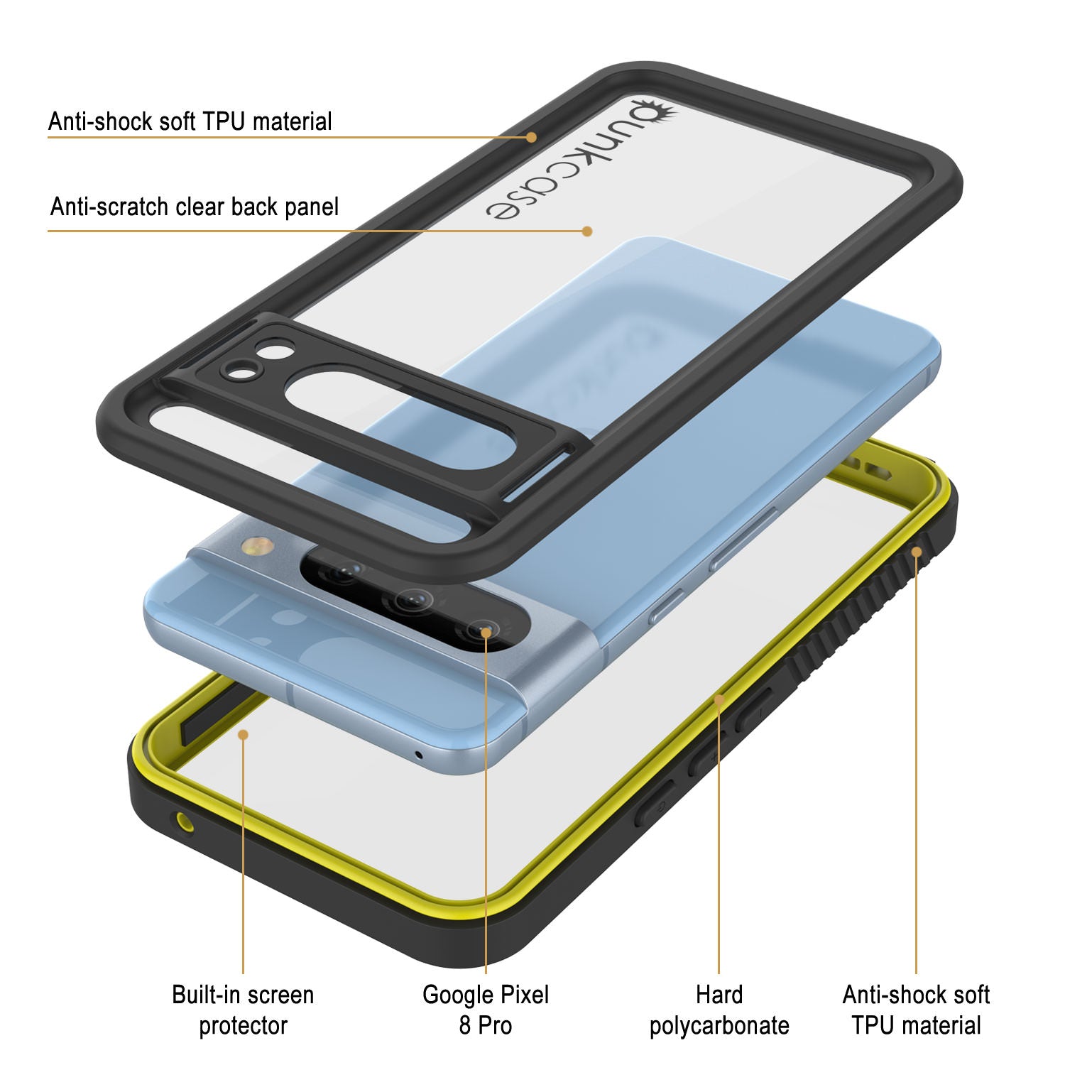 Google Pixel 9 Pro Waterproof Case, Punkcase [Extreme Series] Armor Cover W/ Built In Screen Protector [Yellow]