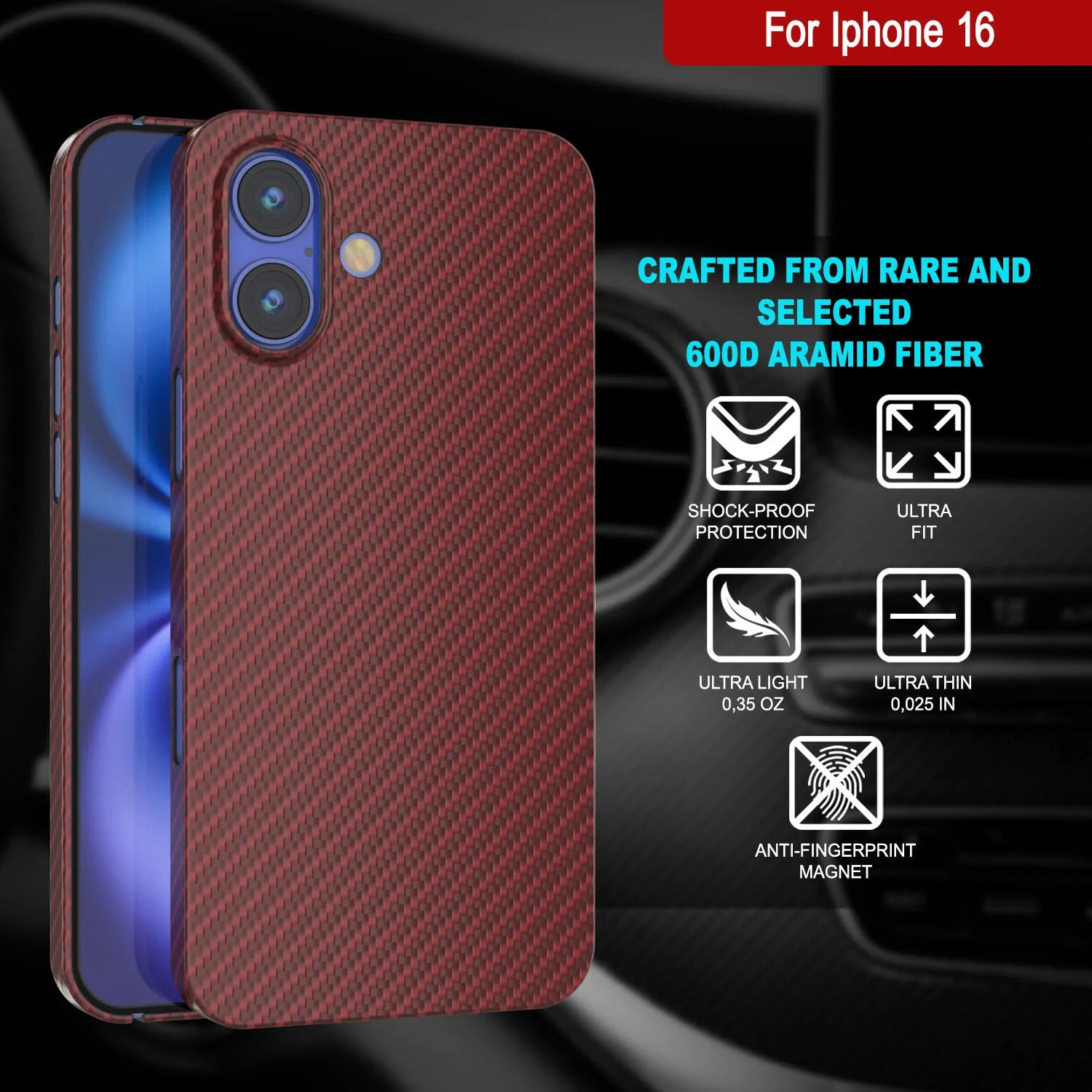 Punkcase iPhone 16 Carbon Fiber Case [AramidShield Series] Ultra Slim & Light Kevlar [Red]