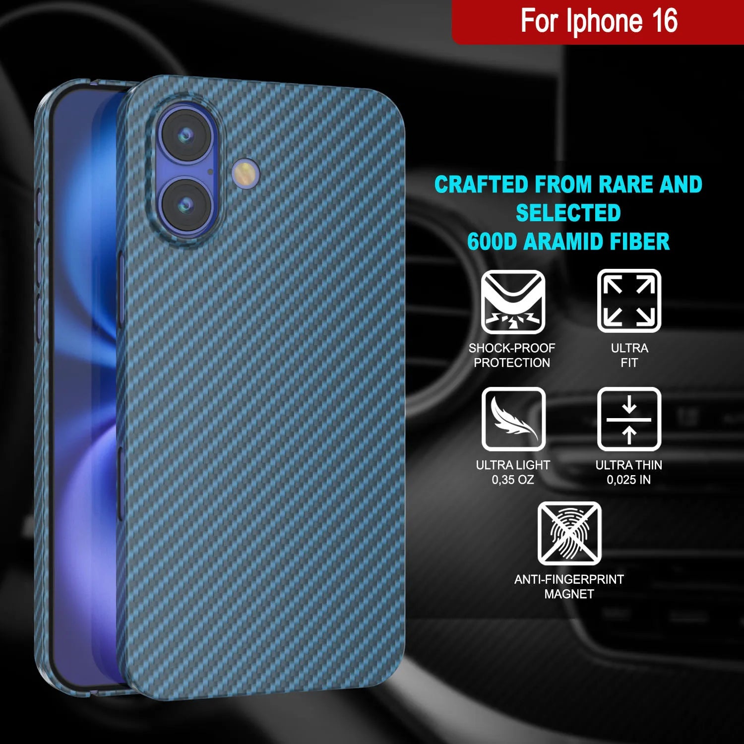 Punkcase iPhone 16 Carbon Fiber Case [AramidShield Series] Ultra Slim & Light Kevlar [Blue]