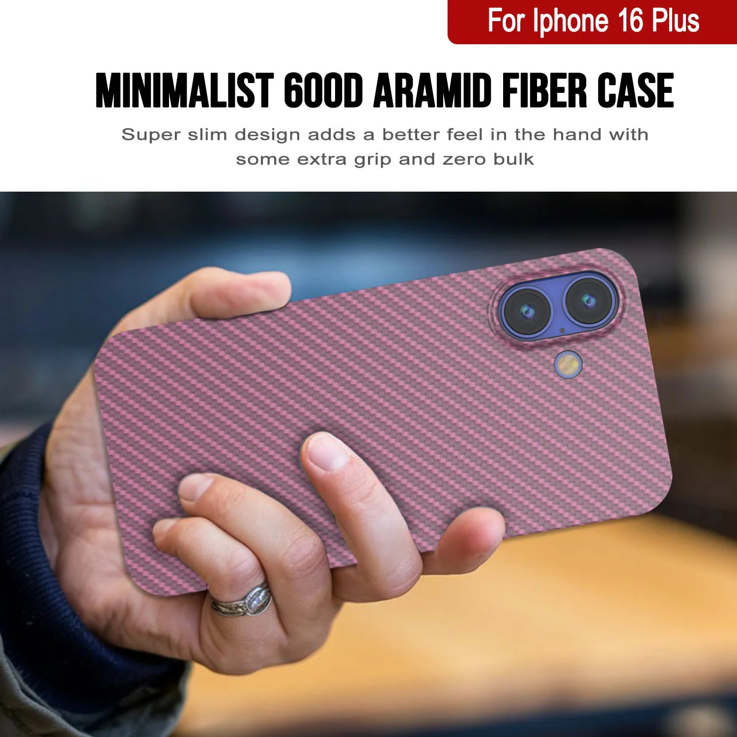 Punkcase iPhone 16 Plus Carbon Fiber Case [AramidShield Series] Ultra Slim & Light Kevlar [Pink]