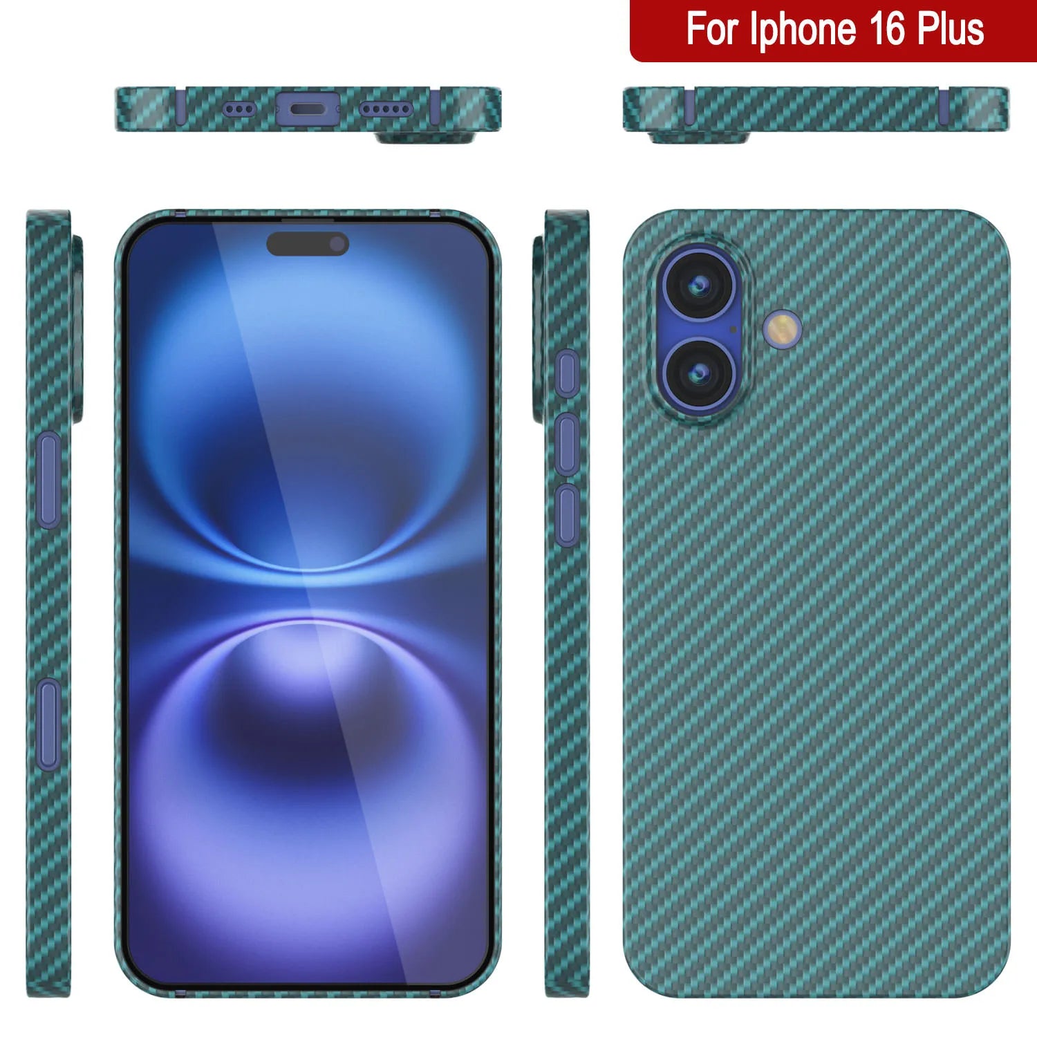 Punkcase iPhone 16 Plus Carbon Fiber Case [AramidShield Series] Ultra Slim & Light Kevlar [Teal]