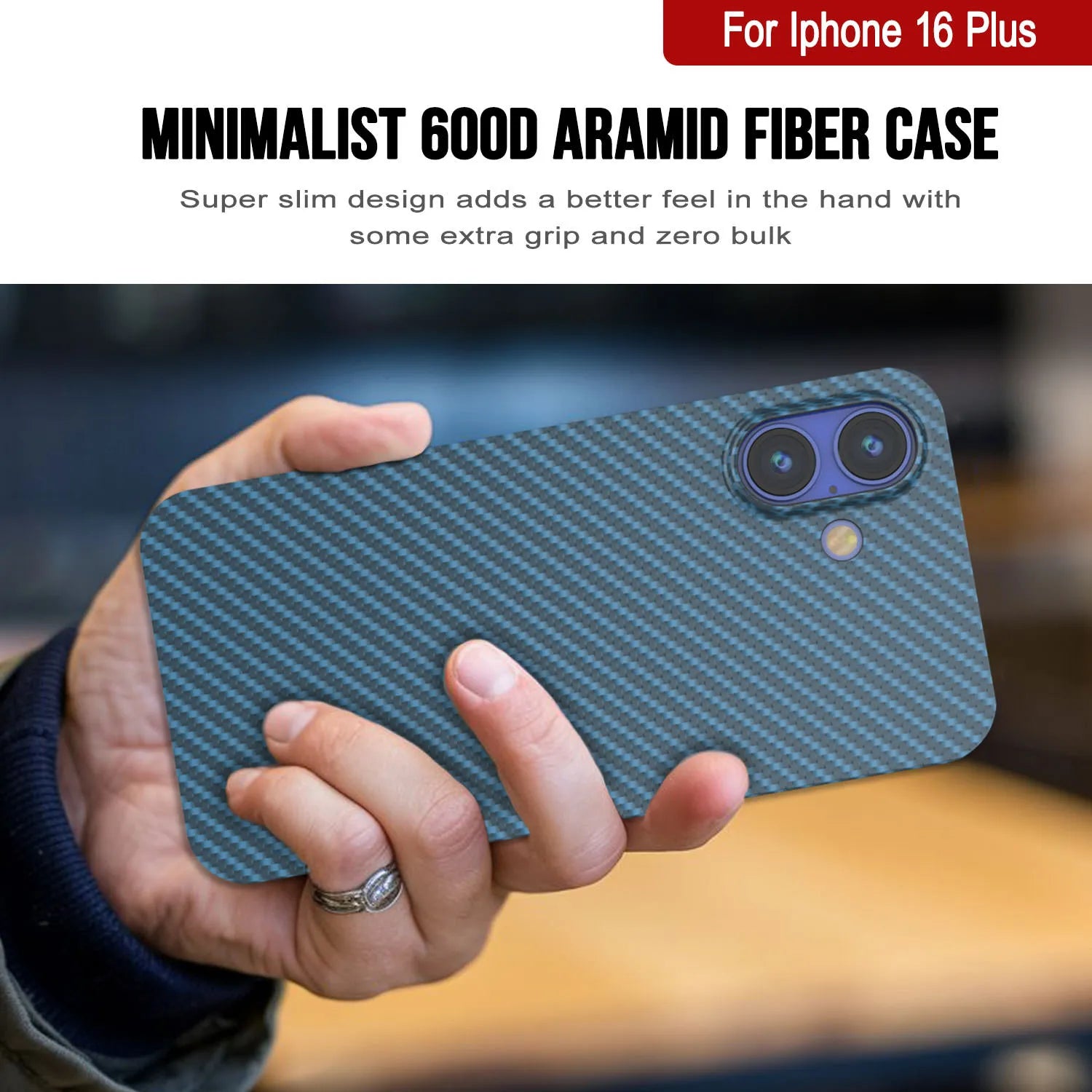 Punkcase iPhone 16 Plus Carbon Fiber Case [AramidShield Series] Ultra Slim & Light Kevlar [Blue]