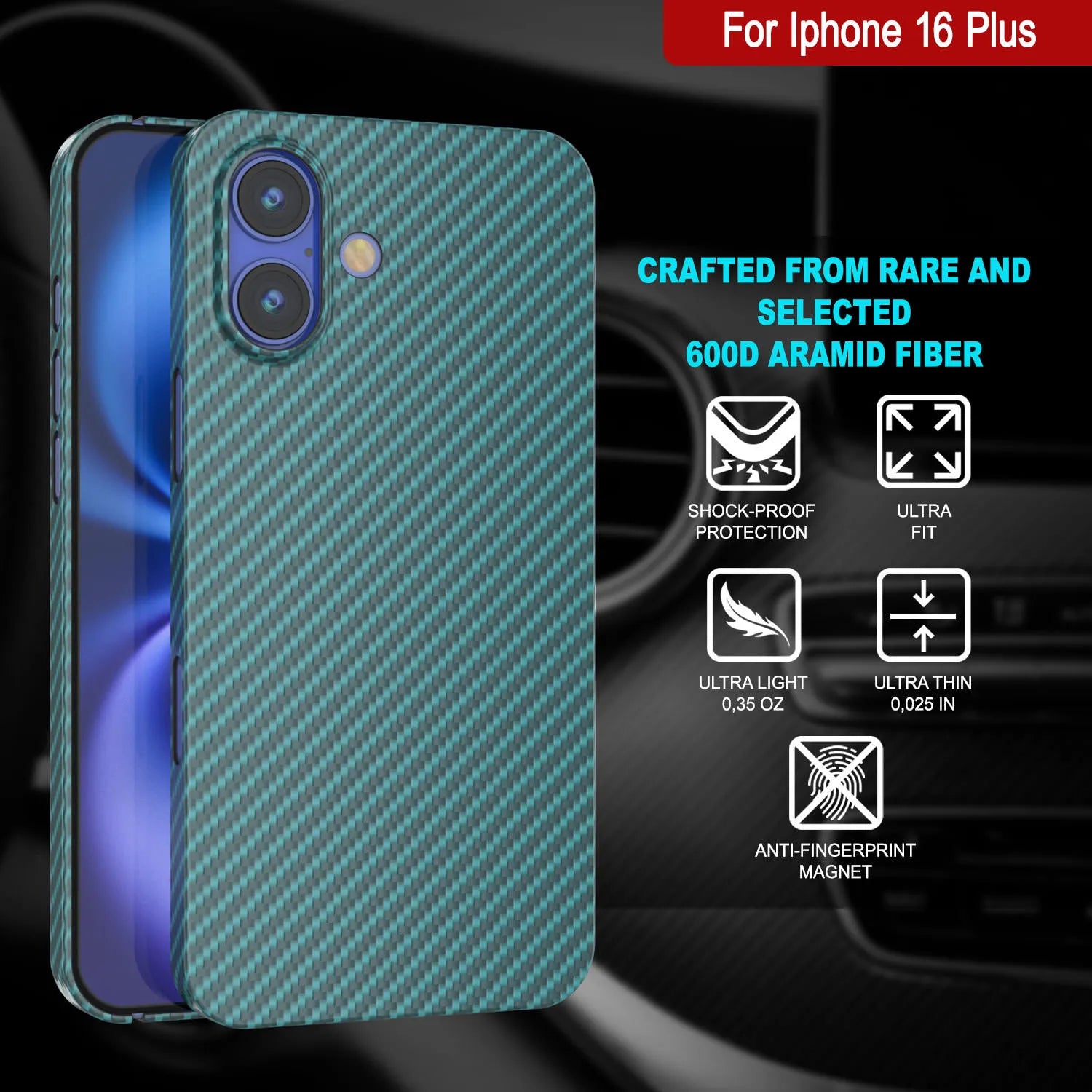 Punkcase iPhone 16 Plus Carbon Fiber Case [AramidShield Series] Ultra Slim & Light Kevlar [Teal]