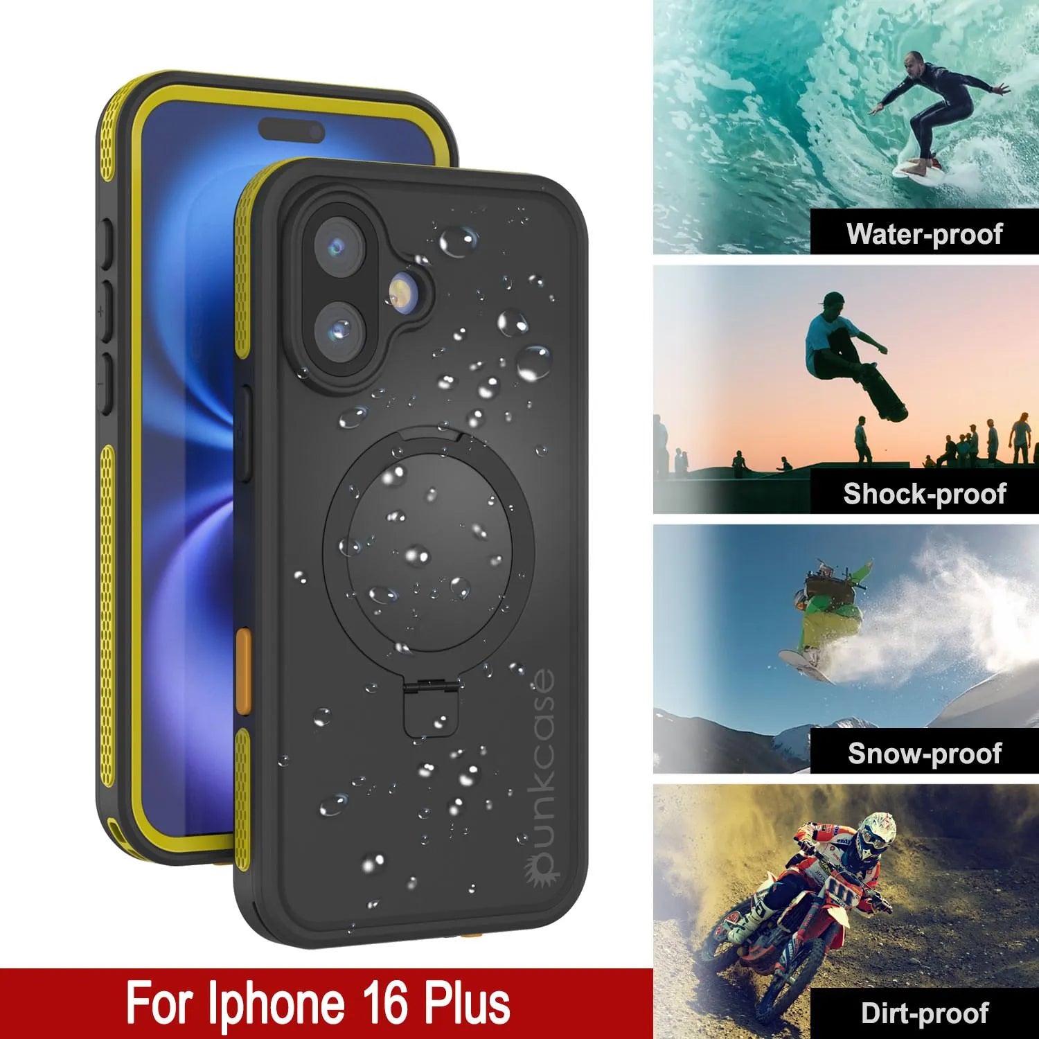 iPhone 16 Plus Waterproof Case [Kickstud 2.0 Series] Protective IP68 Cover W/Screen Protector & Kickstand (Yellow)