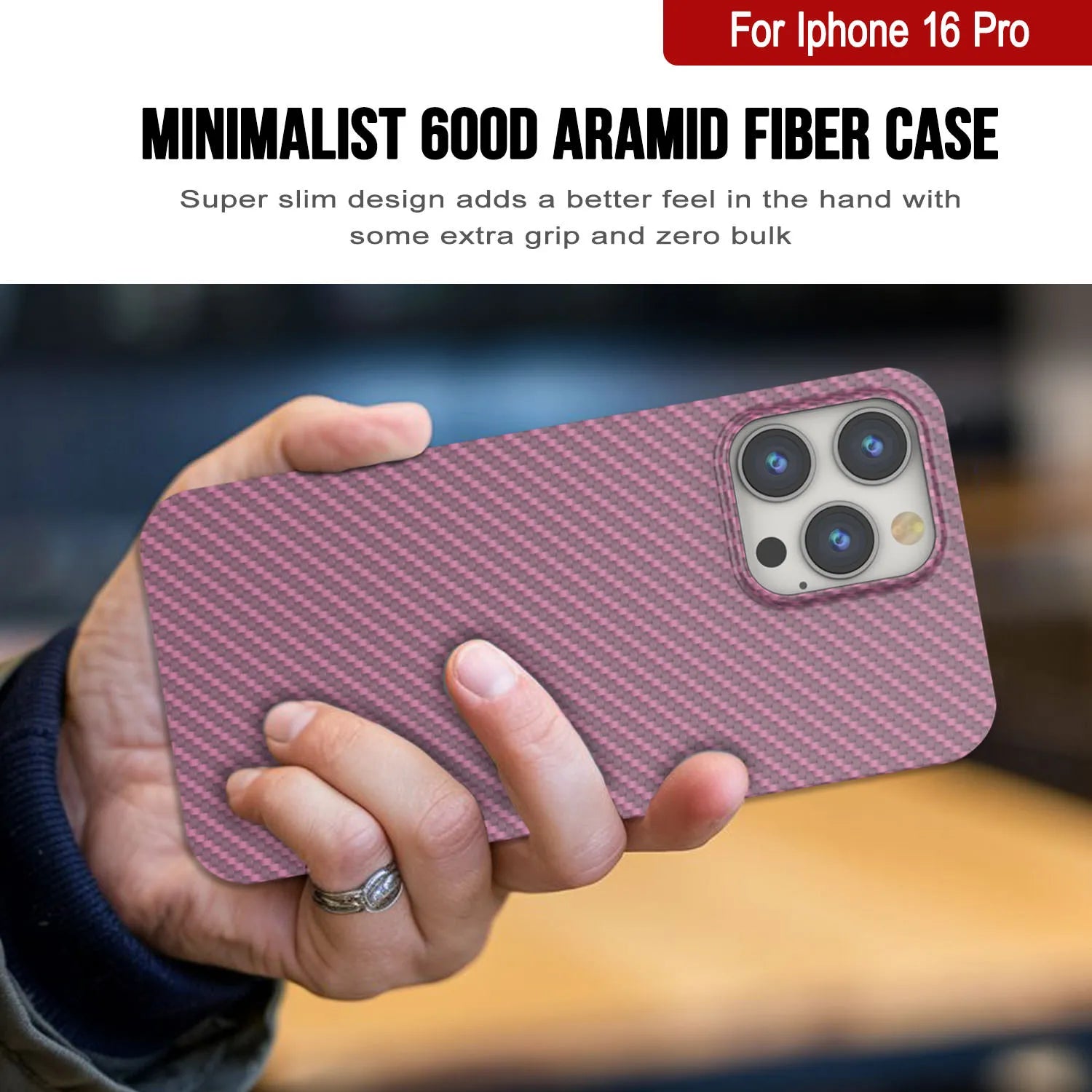 Punkcase iPhone 16 Pro Carbon Fiber Case [AramidShield Series] Ultra Slim & Light Kevlar [Pink]