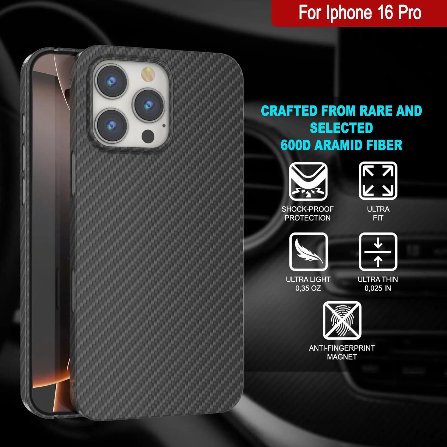 Punkcase iPhone 16 Pro Carbon Fiber Case [AramidShield Series] Ultra Slim & Light Kevlar [Black]