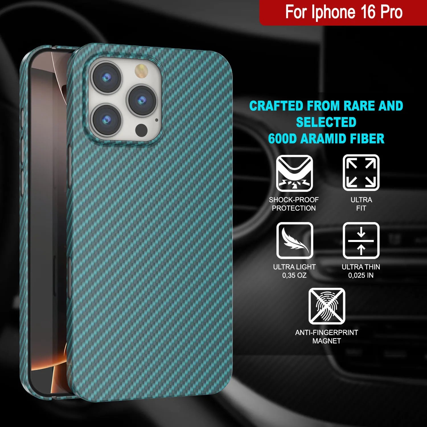 Punkcase iPhone 16 Pro Carbon Fiber Case [AramidShield Series] Ultra Slim & Light Kevlar [Teal]