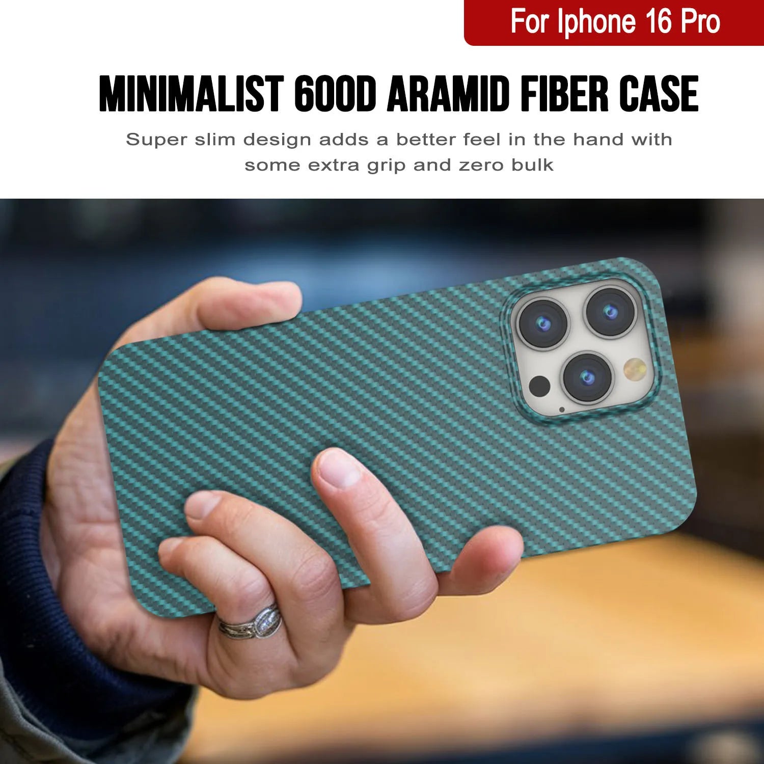 Punkcase iPhone 16 Pro Carbon Fiber Case [AramidShield Series] Ultra Slim & Light Kevlar [Teal]