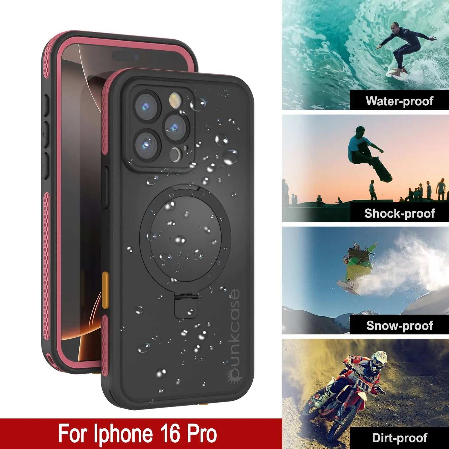 iPhone 16 pro Waterproof Case [Kickstud 2.0 Series] Protective IP68 Cover W/Screen Protector & Kickstand [Pink]