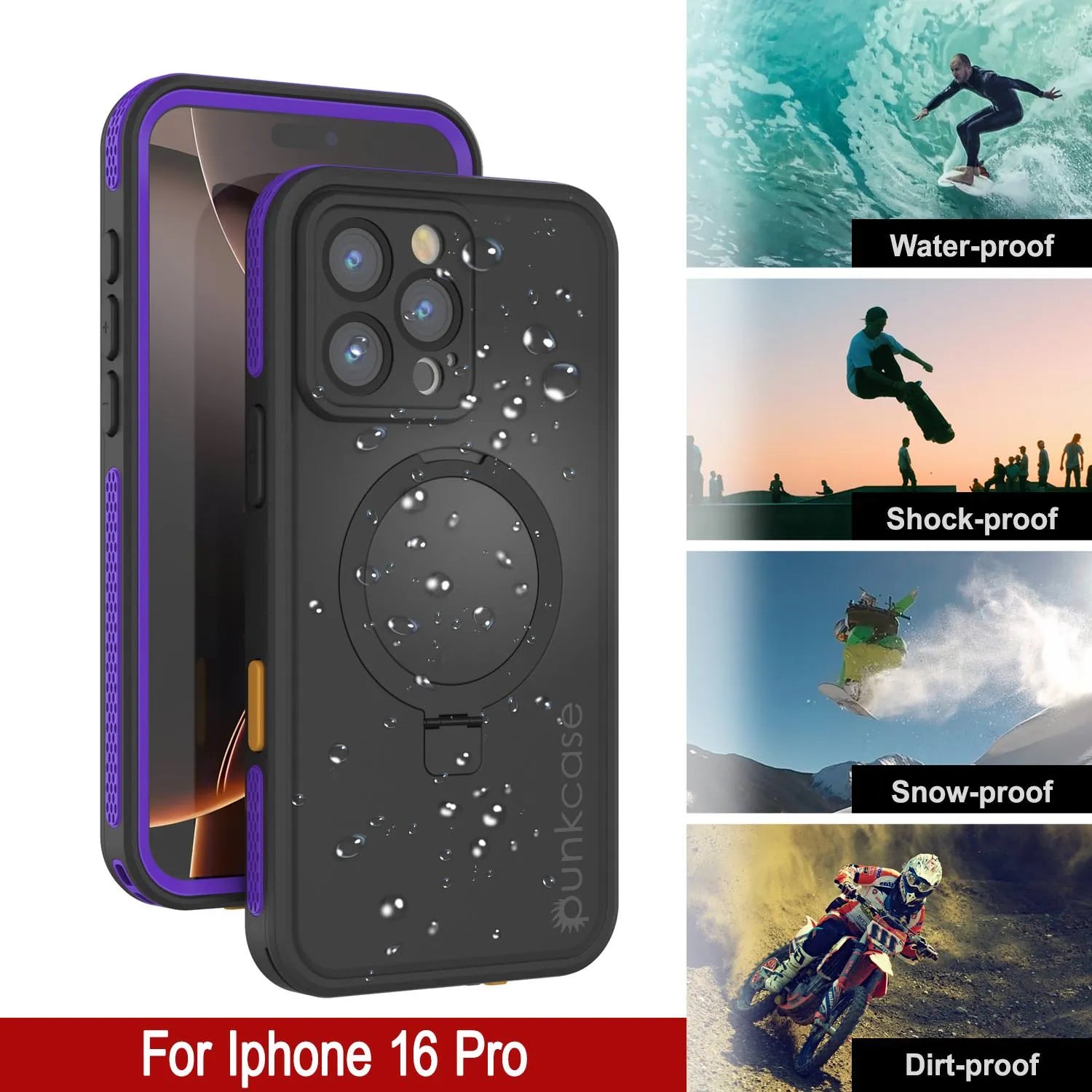 iPhone 16 pro Waterproof Case [Kickstud 2.0 Series] Protective IP68 Cover W/Screen Protector & Kickstand [Purple]