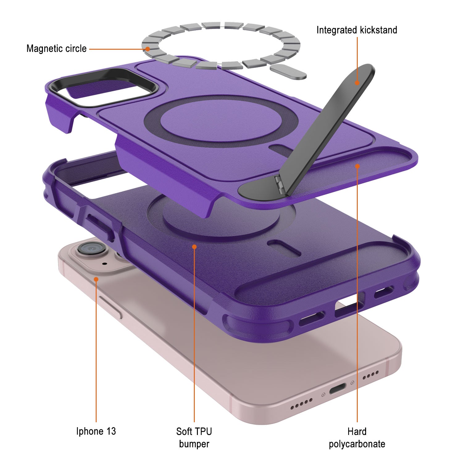 PunkCase iPhone 13 Case, [Spartan X Series] Rugged Heavy Duty Cover W/Kickstand+MagRing [purple]