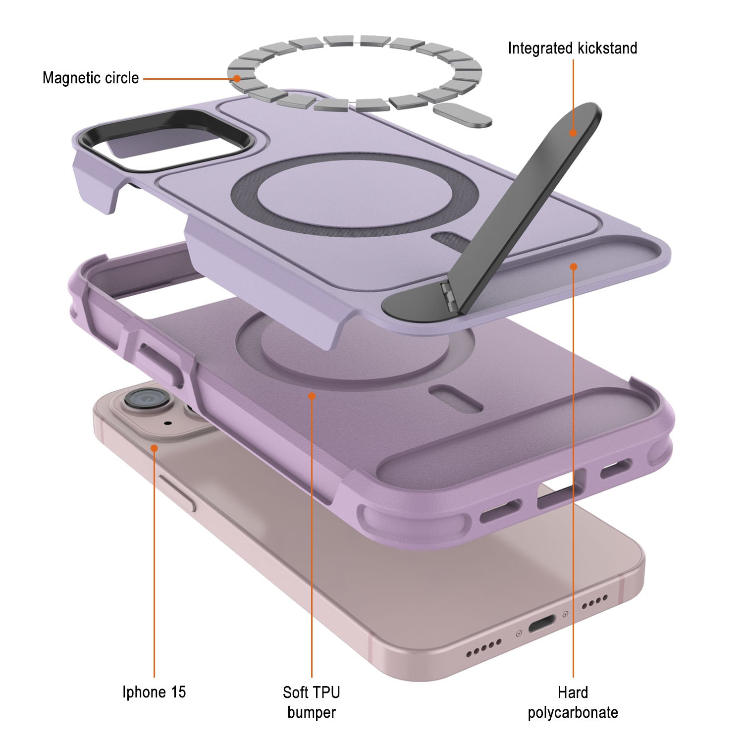 PunkCase iPhone 15 Case, [Spartan X Series] Rugged Heavy Duty Cover W/Kickstand+MagRing [lilac]