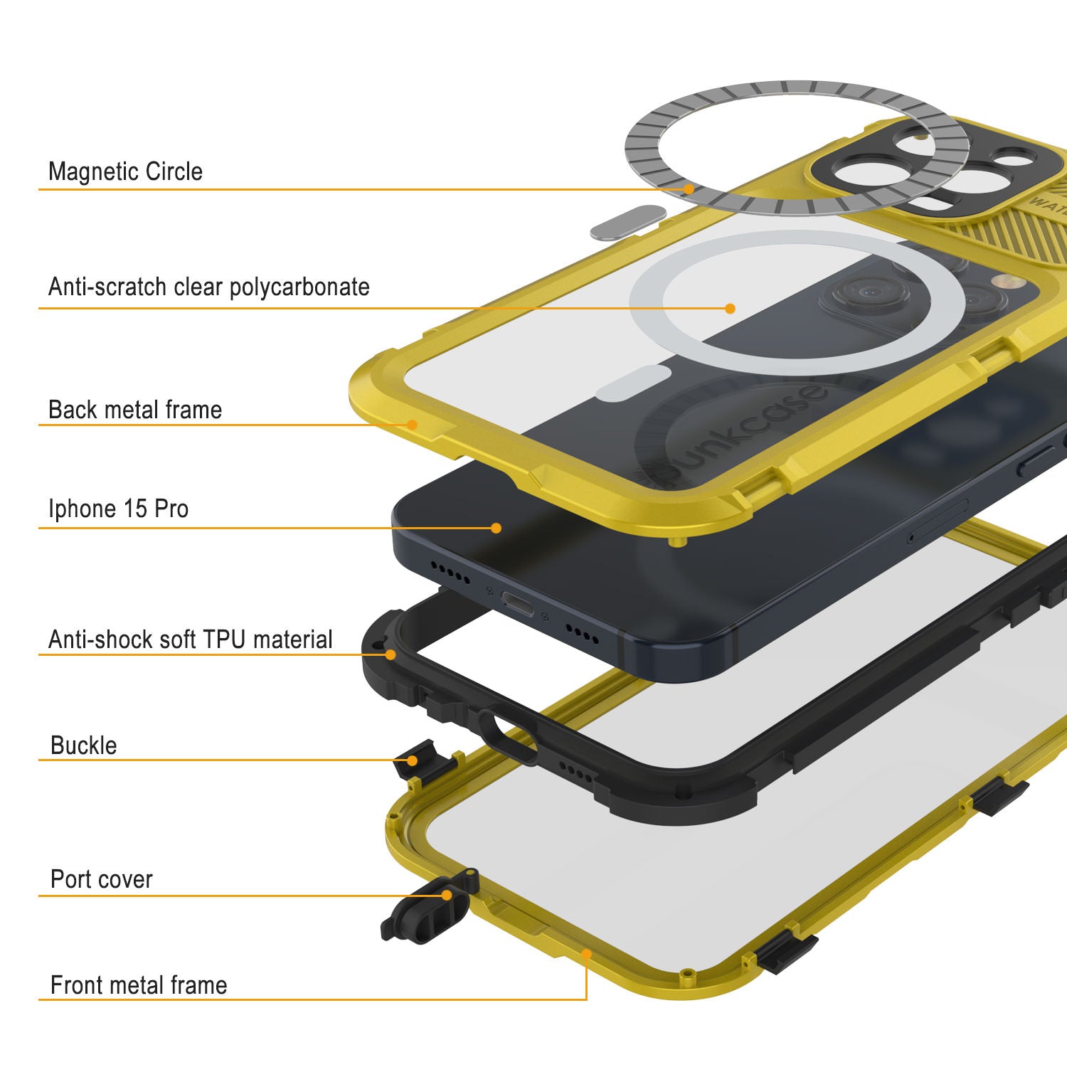 iPhone 16 Pro Metal Extreme 2.0 Series Aluminum Waterproof Case IP68 W/Buillt in Screen Protector [Yellow]