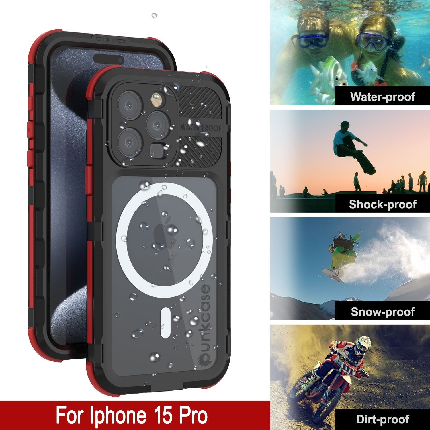 iPhone 16 Pro Metal Extreme 2.0 Series Aluminum Waterproof Case IP68 W/Buillt in Screen Protector [Black-Red]