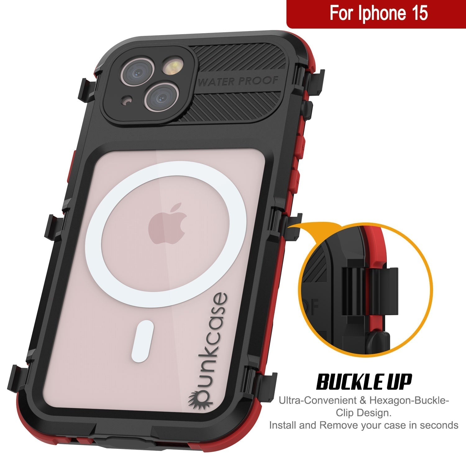 iPhone 16 Metal Extreme 2.0 Series Aluminum Waterproof Case IP68 W/Buillt in Screen Protector [Black-Red]