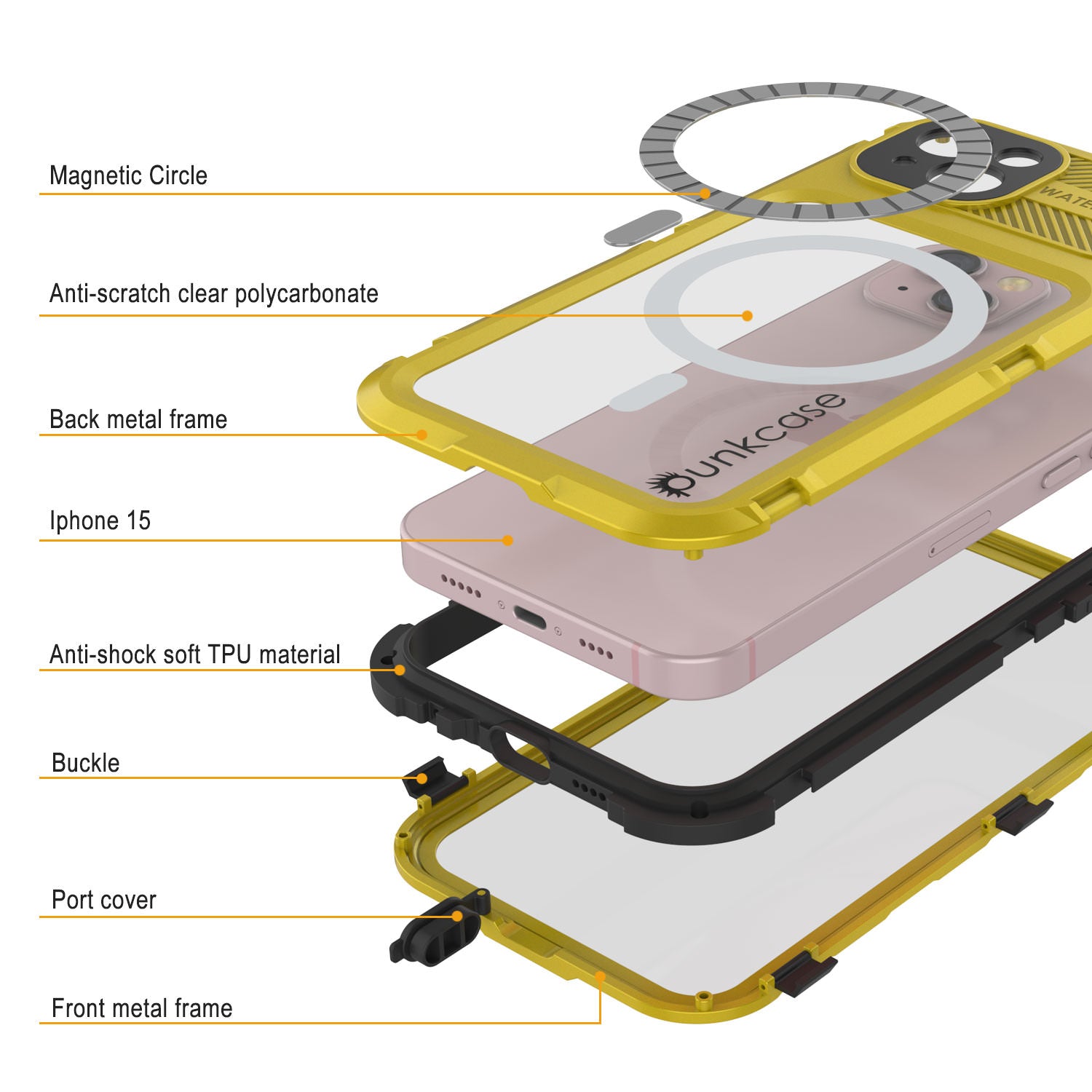 iPhone 16 Metal Extreme 2.0 Series Aluminum Waterproof Case IP68 W/Buillt in Screen Protector [Yellow]