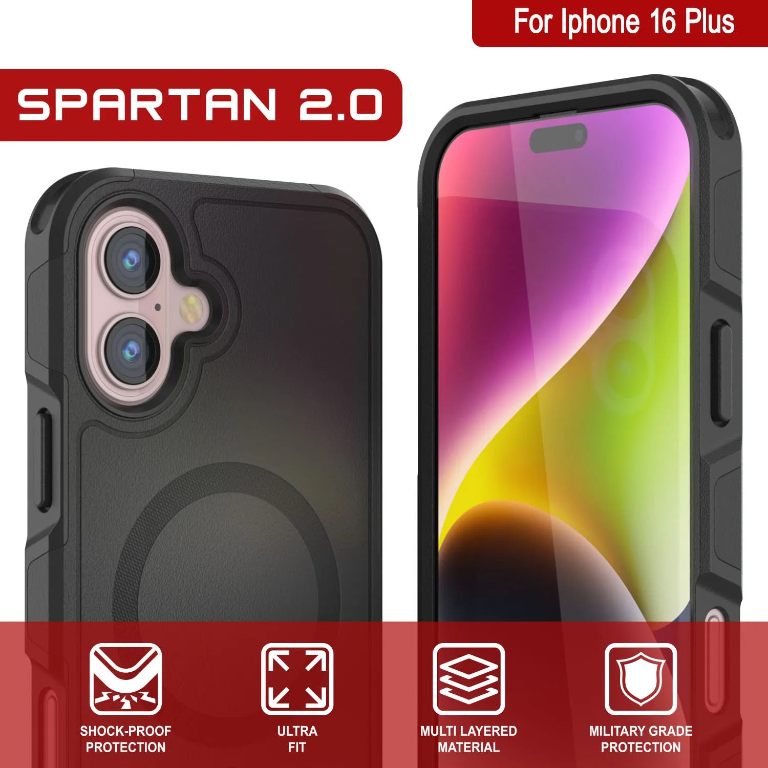 PunkCase iPhone 16 Plus Case, [Spartan 2.0 Series] Clear Rugged Heavy Duty Cover W/Built in Screen Protector [Black]