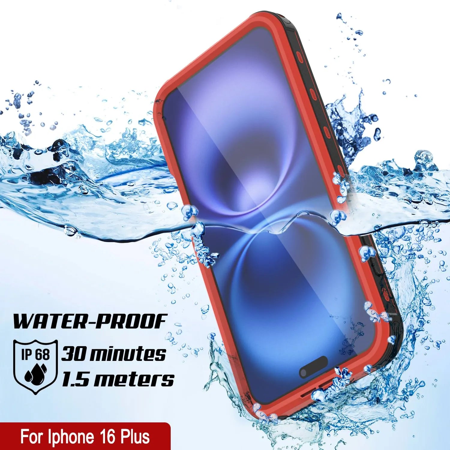 iPhone 16 Plus Waterproof IP68 Case, Punkcase [Red] [StudStar Series] [Slim Fit]