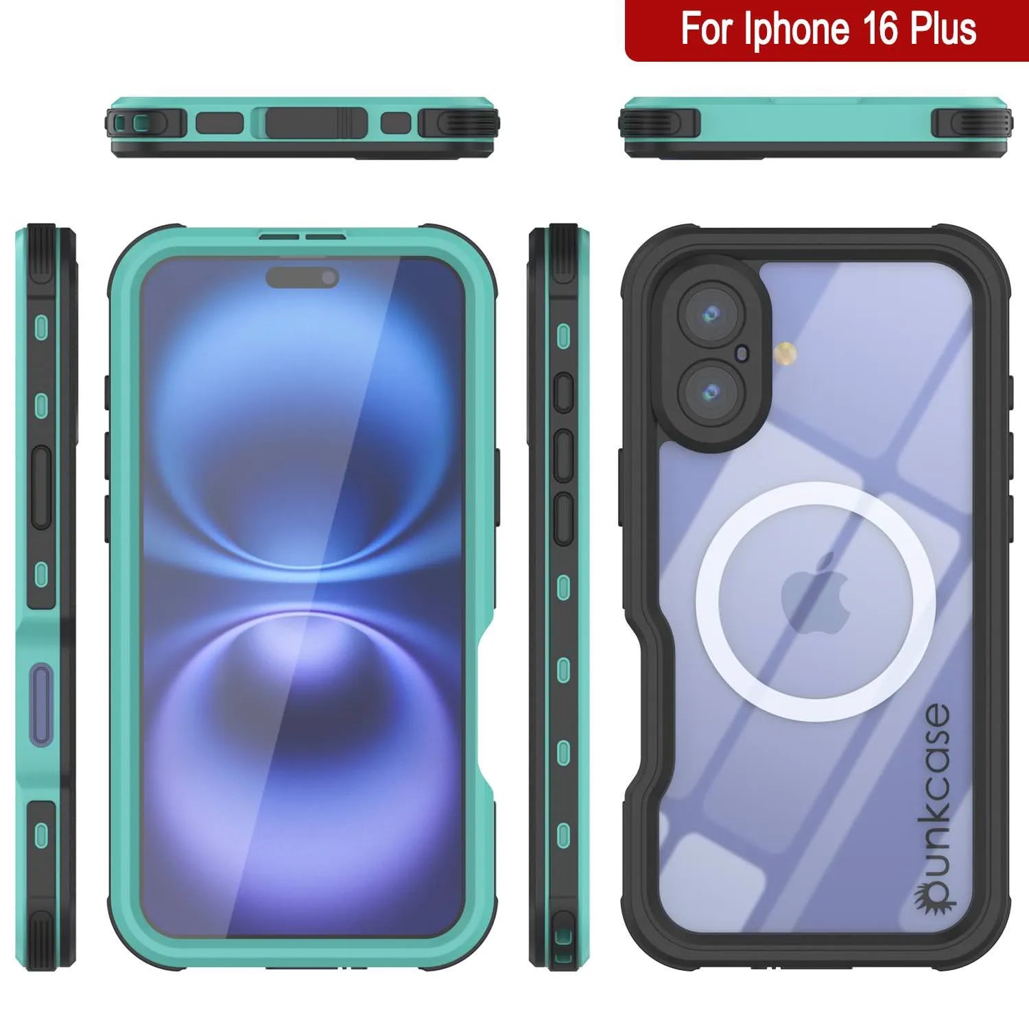 iPhone 16 Plus Waterproof IP68 Case, Punkcase [Teal] [StudStar Series] [Slim Fit]