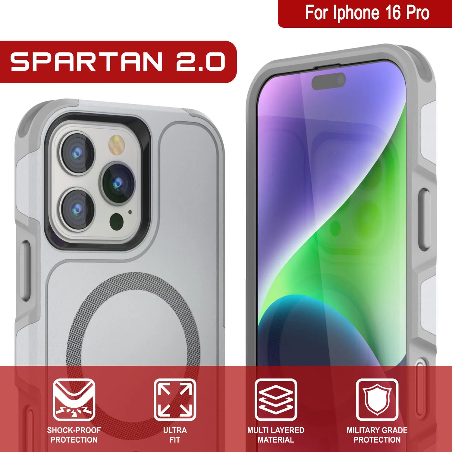 PunkCase iPhone 16 Pro Case, [Spartan 2.0 Series] Clear Rugged Heavy Duty Cover W/Built in Screen Protector [white]