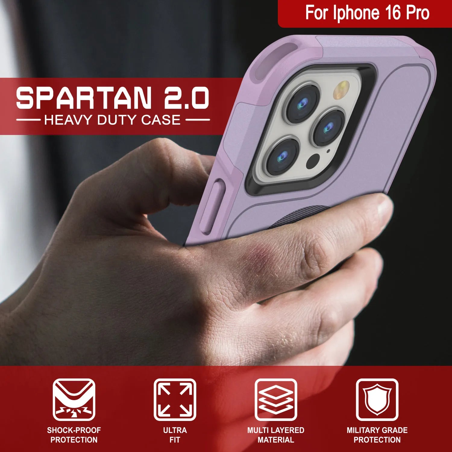 PunkCase iPhone 16 Pro Case, [Spartan 2.0 Series] Clear Rugged Heavy Duty Cover W/Built in Screen Protector [lilac]