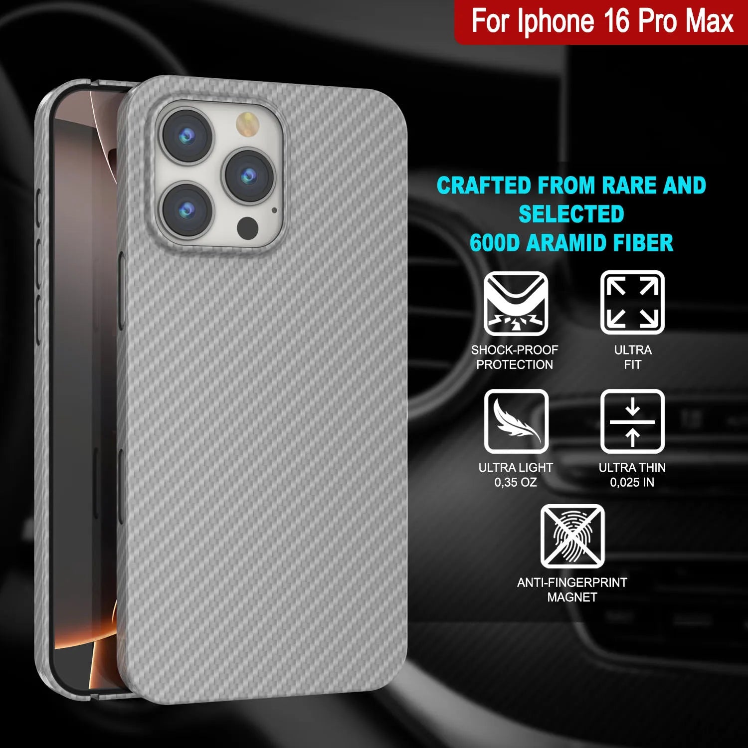 Punkcase iPhone 16 Pro Max Carbon Fiber Case [AramidShield Series] Ultra Slim & Light Kevlar [White]